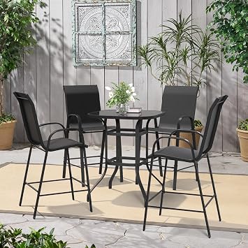 Amopatio 5 Piece Patio Bistro Set with 4 Bar Chairs and Glass Table, All-Weather Textilene Patio Bar Stools, Sturdy Outdoor High Top Table and Chairs for 4 for Backyard, Porch, Balcony, Black