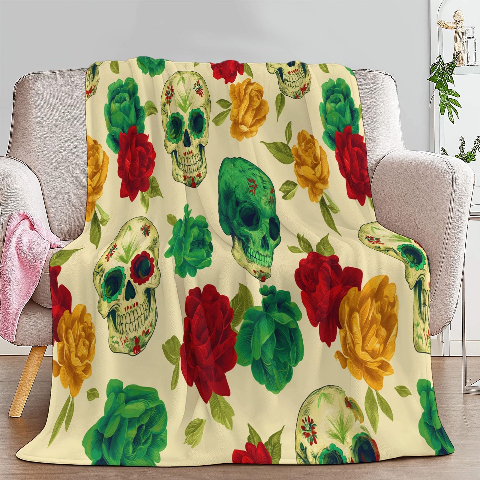 Genérico Polarowy koc flanelowy dla dzieci i dorosłych 200 x 200 cm, koce na sofę z nadrukiem wykwintny wzór czaszki szkielet kwiaty - kremowy miękki ciepły ciepły żółty koc oddychający lekki