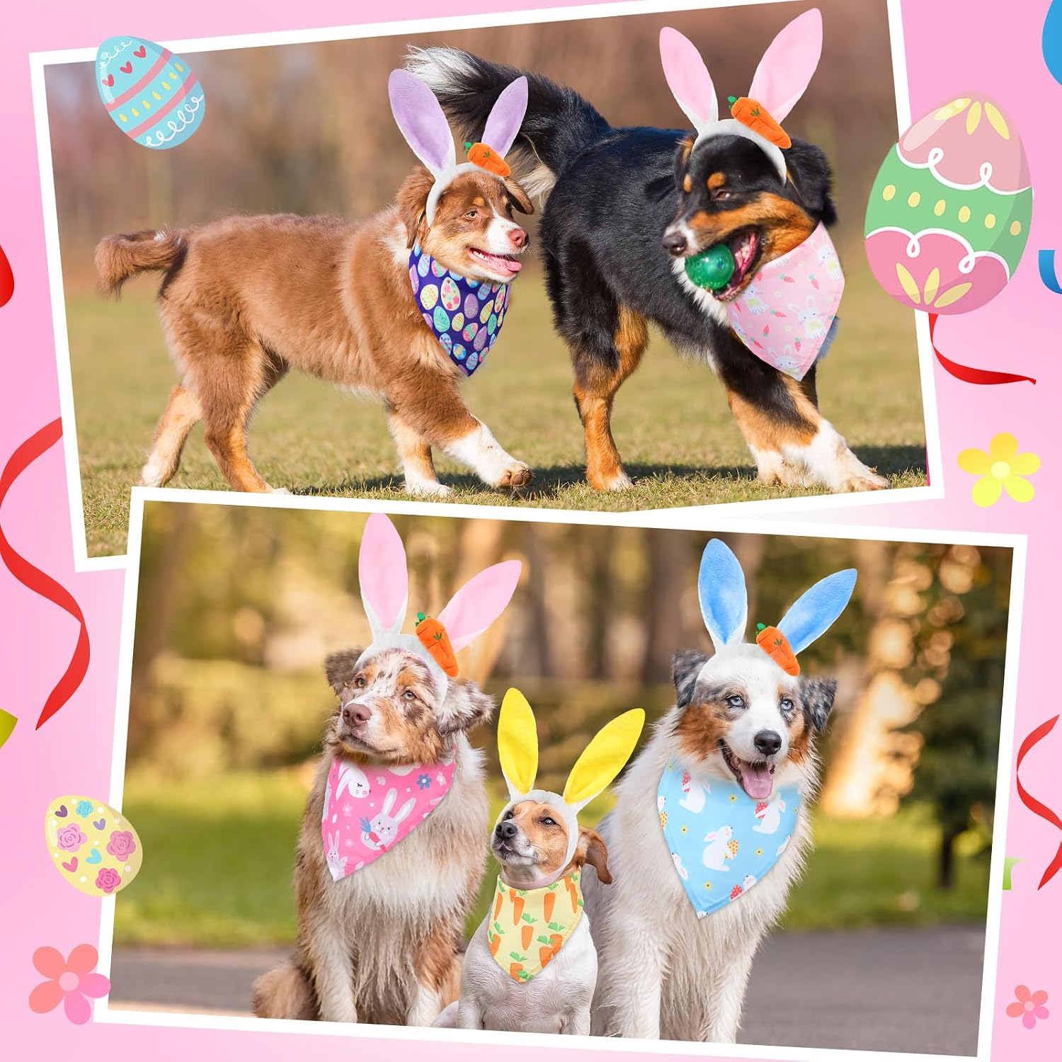 16 Pack Dog Easter Outfit Including 8 Bunny Ears Headband and 8 Easter Dog Bandana Four Colors Bunny Ears Pet Bandana with Different Patterns