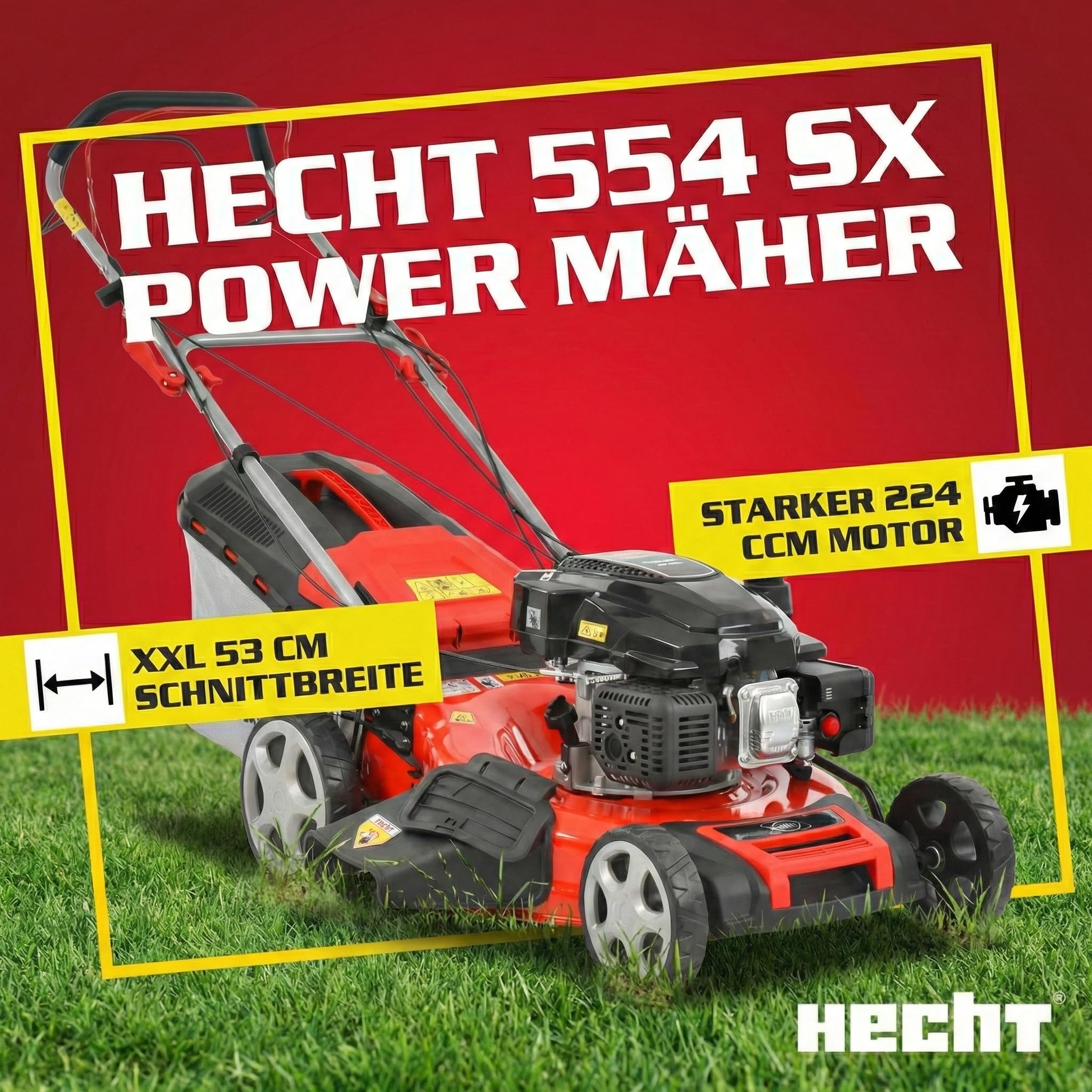 HECHT 5-IN-1 Benzin Rasenmäher – leistungsstarker 4 Takt Eco Motor 4,4 kW (6,0 PS) – Seilzug Starter – mit 53 cm Schnittbreite – 75 l Fangkorb – Radantrieb – patentierte Räder – Mulchmäher