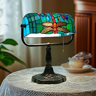 Vintage Tiffany Style Bankers Lamp - Stained Glass Desk Lamp with Pull C...
