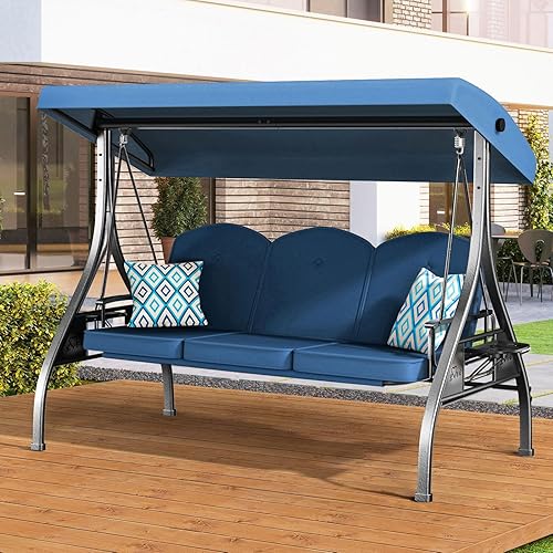 Columpio de patio para porche al aire libre de 3 asientos con soporte de 800 libras, cama columpio convertible 2 en 1 con toldo ajustable y cojín