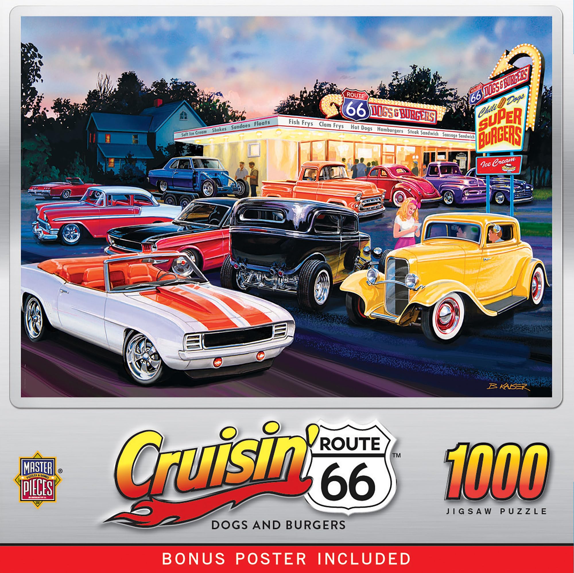 1000 Piece Jigsaw Puzzle, Route 66 Dogs and Burgers, Fun for Adults, Family, Kids, 19.25" x 26.75"