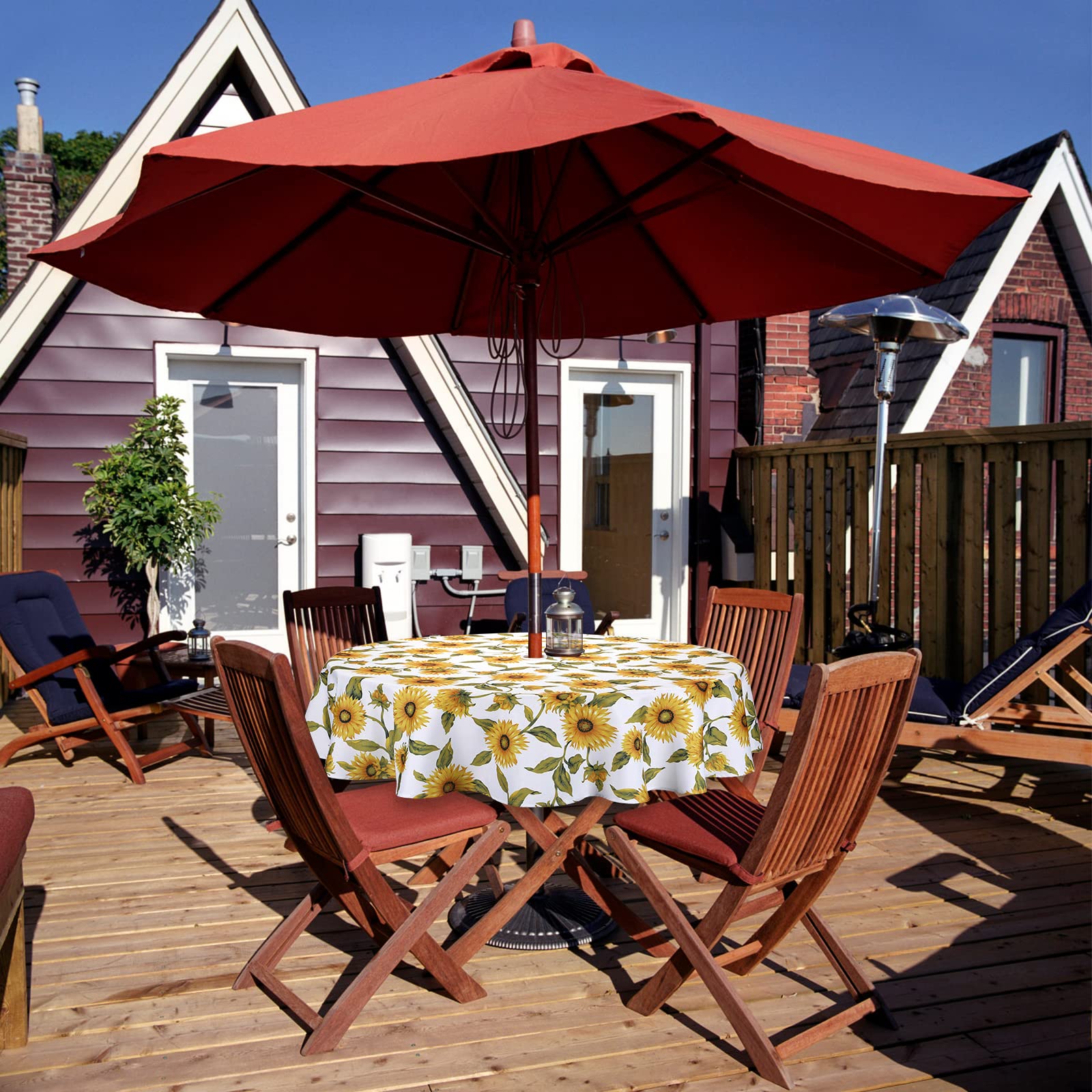 Qucover Nappe ronde de jardin, avec œillet pour parasol et fermeture éclair, résistante aux taches, facile à nettoyer, 178 cm, pour table de jardin, barbecue, réunions de famille, fêtes
