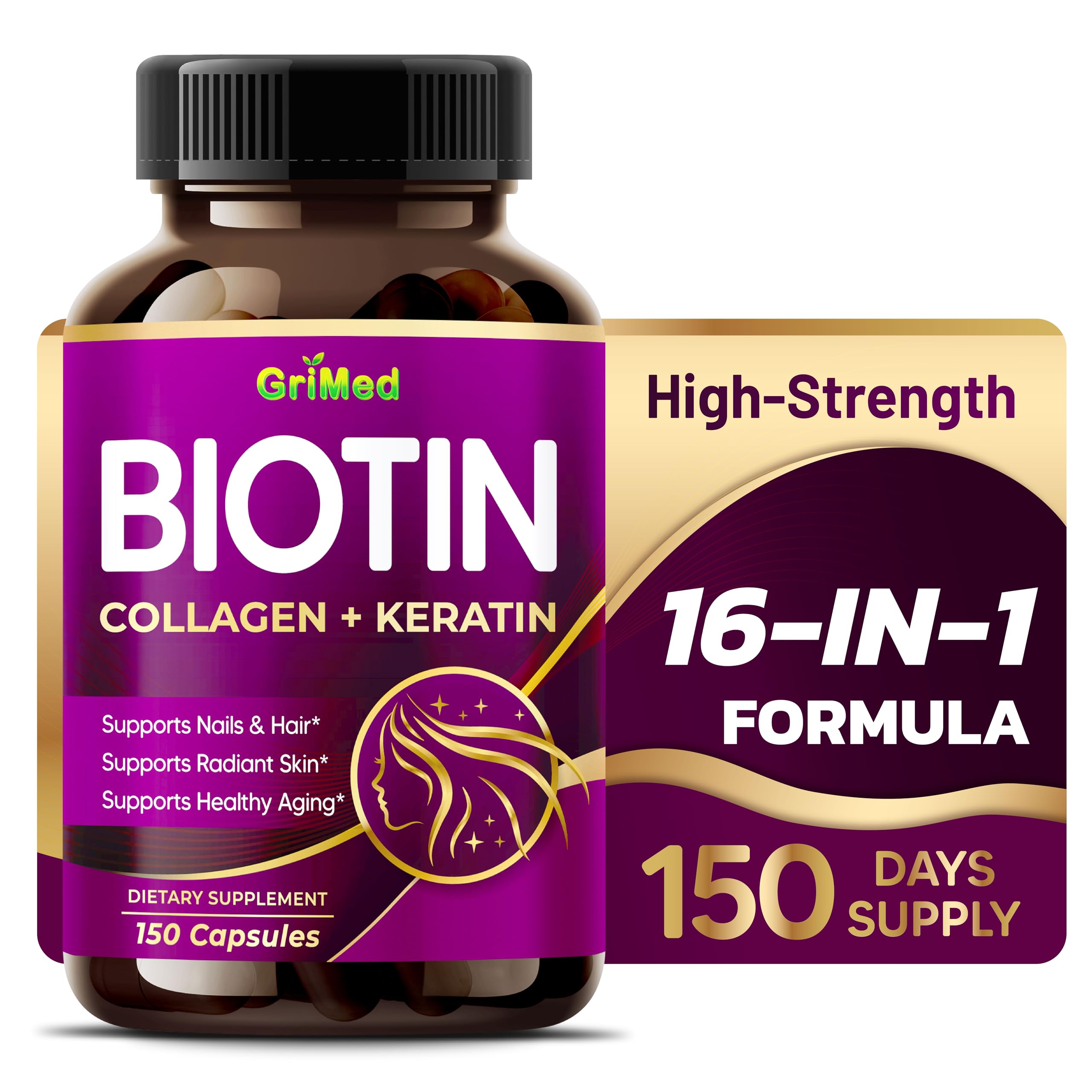 GriMed BIOTIN with Collagen Keratin 7 275mg Strong Nails Hair Radiant Skin Healthy Aging 150 Count Pack of