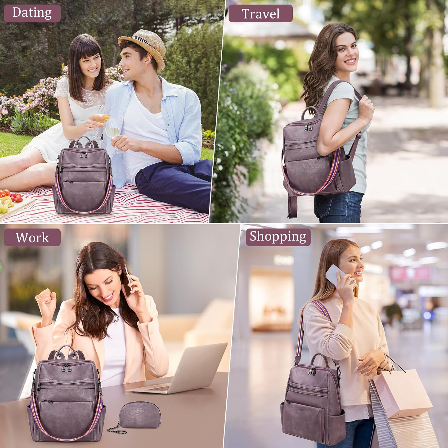 Leather Backpack Purse for Women Designer Ladies Shoulder Bag Fashion Faux Work Travel Handbags - Image 7