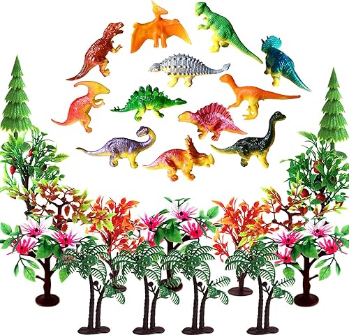 Miniatura 2 de Decoraciones para pasteles de árboles, dinosaurios de OrgMemory con bases, 27 piezas, mini dinosaurios, juguetes de dinosaurio, árboles de plástico