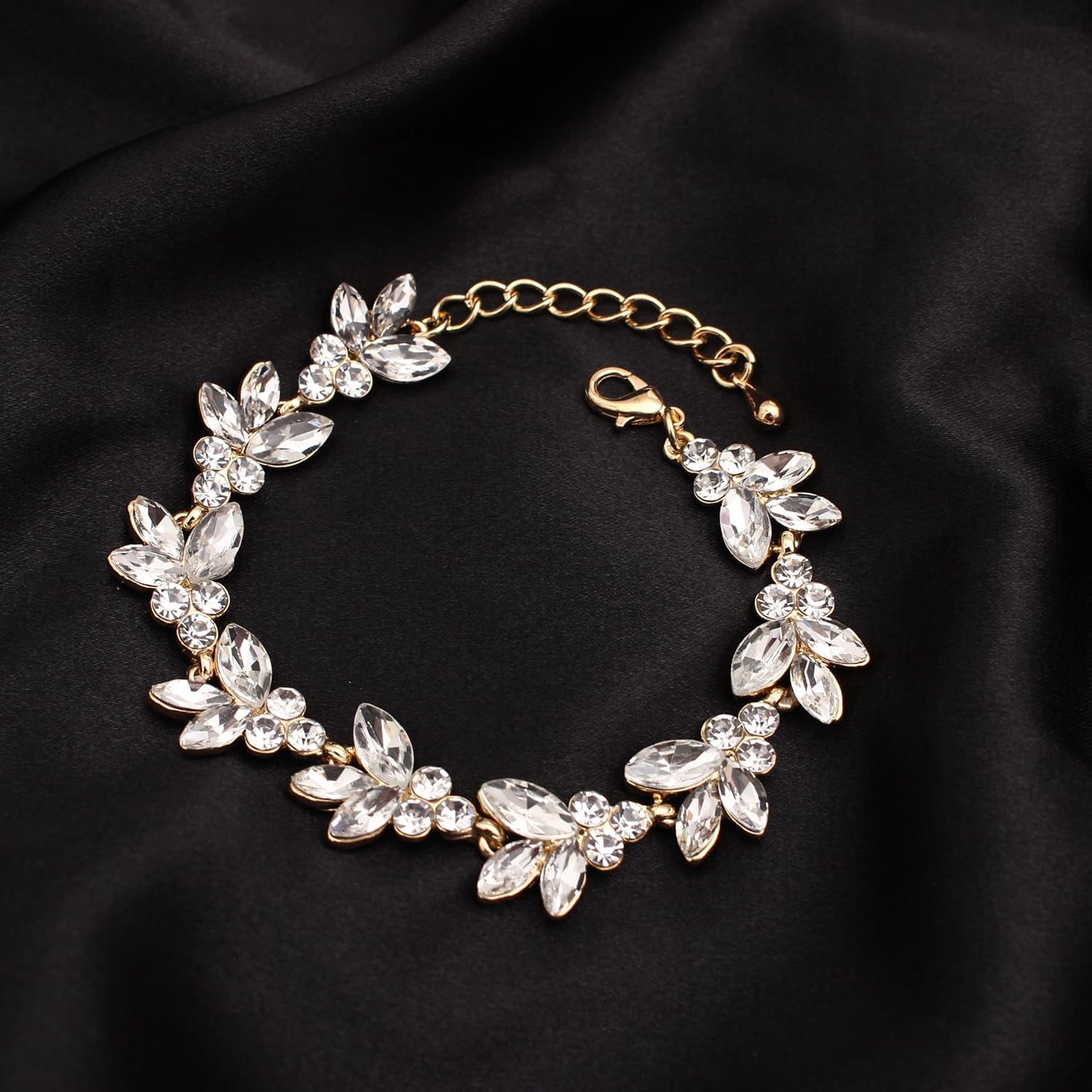 Bridal Wedding Crystal Leaf Choker Necklace Dangle Earring Bracelet Brides Bridesmaid Jewelry Set for Women - Image 4