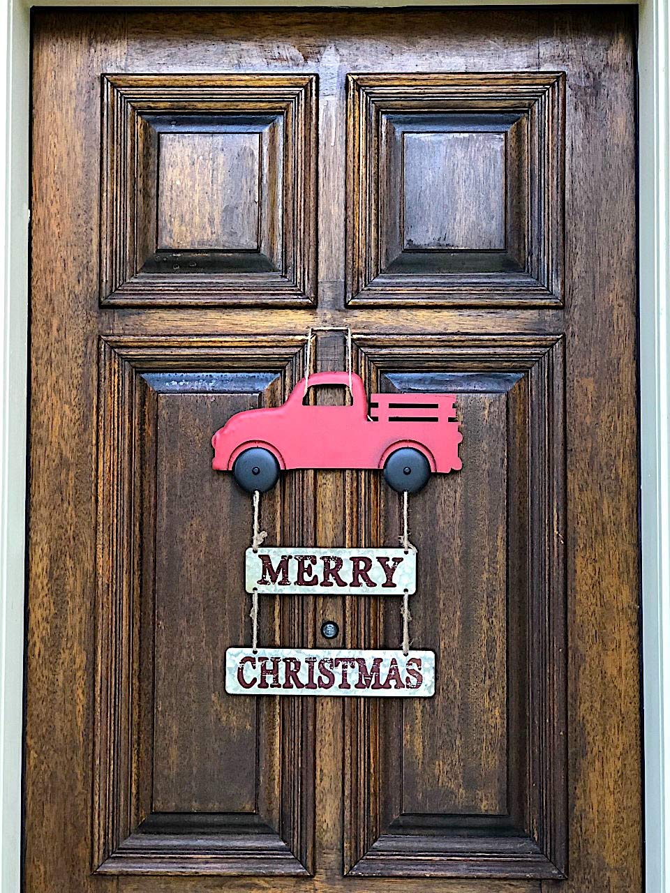 Merry Christmas metalowa antyczna ciężarówka rustykalna dekoracja świąteczna na ścianę drzwi wejściowych do wewnątrz na zewnątrz 45 cm x 36 cm (czerwony)