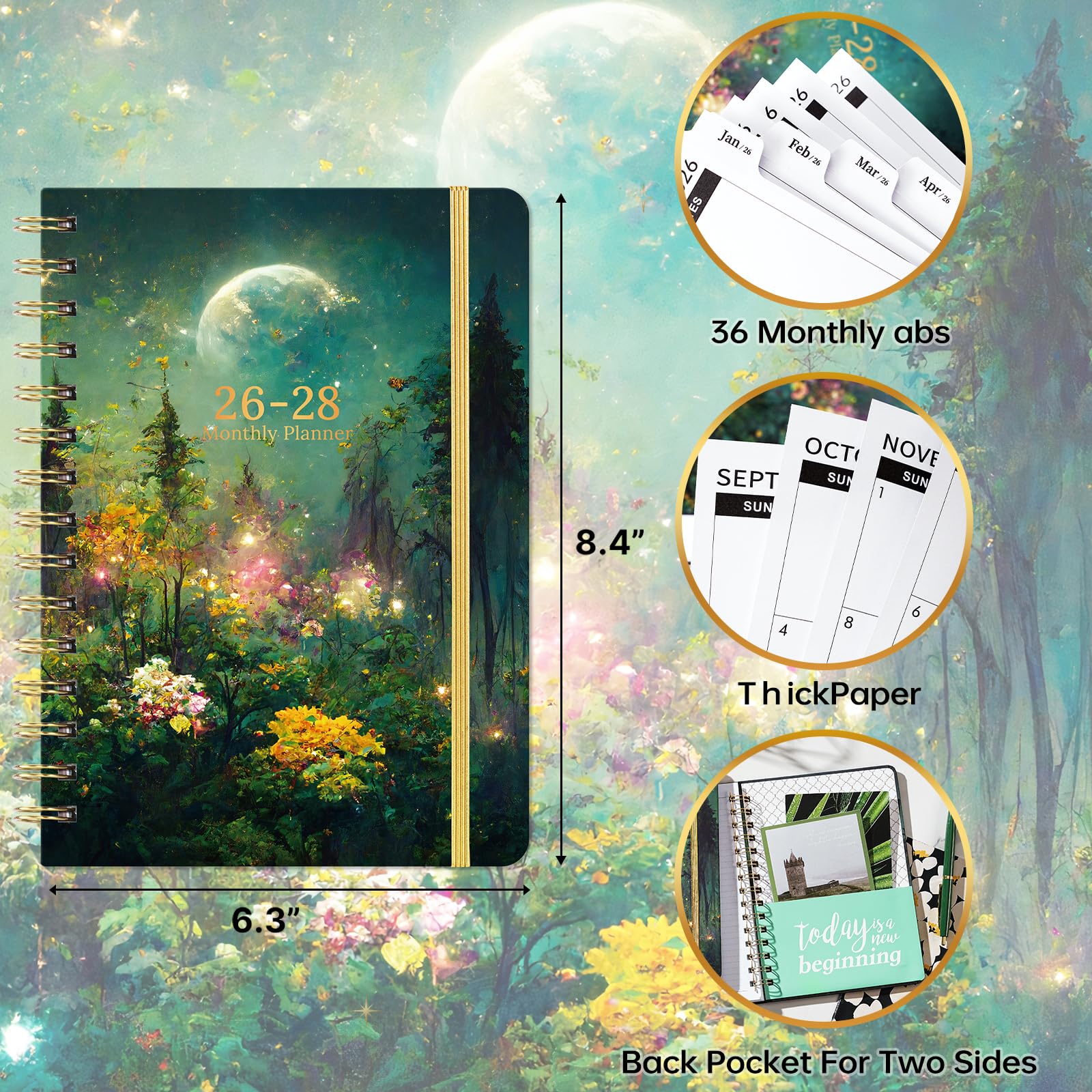 Pinchoco Agenda De Poche 2025-2028 - Planificateur Mensuel Cuir Imprimé Doré Floral 9,7 X 16,3 Cm