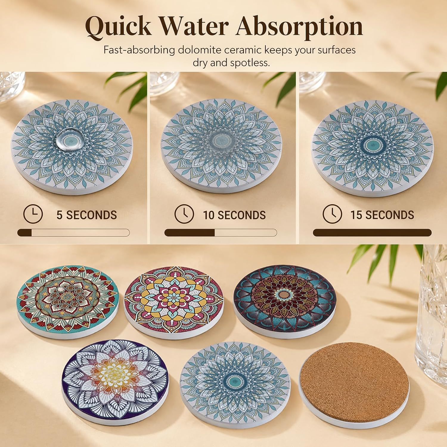 Coasters for Drinks with Holder, Absorbent Ceramic Coasters Set of 6, Mandala Ceramic 4 inch Coasters with Cork Backing for Table Protection, Housewarming Gifts for New Home