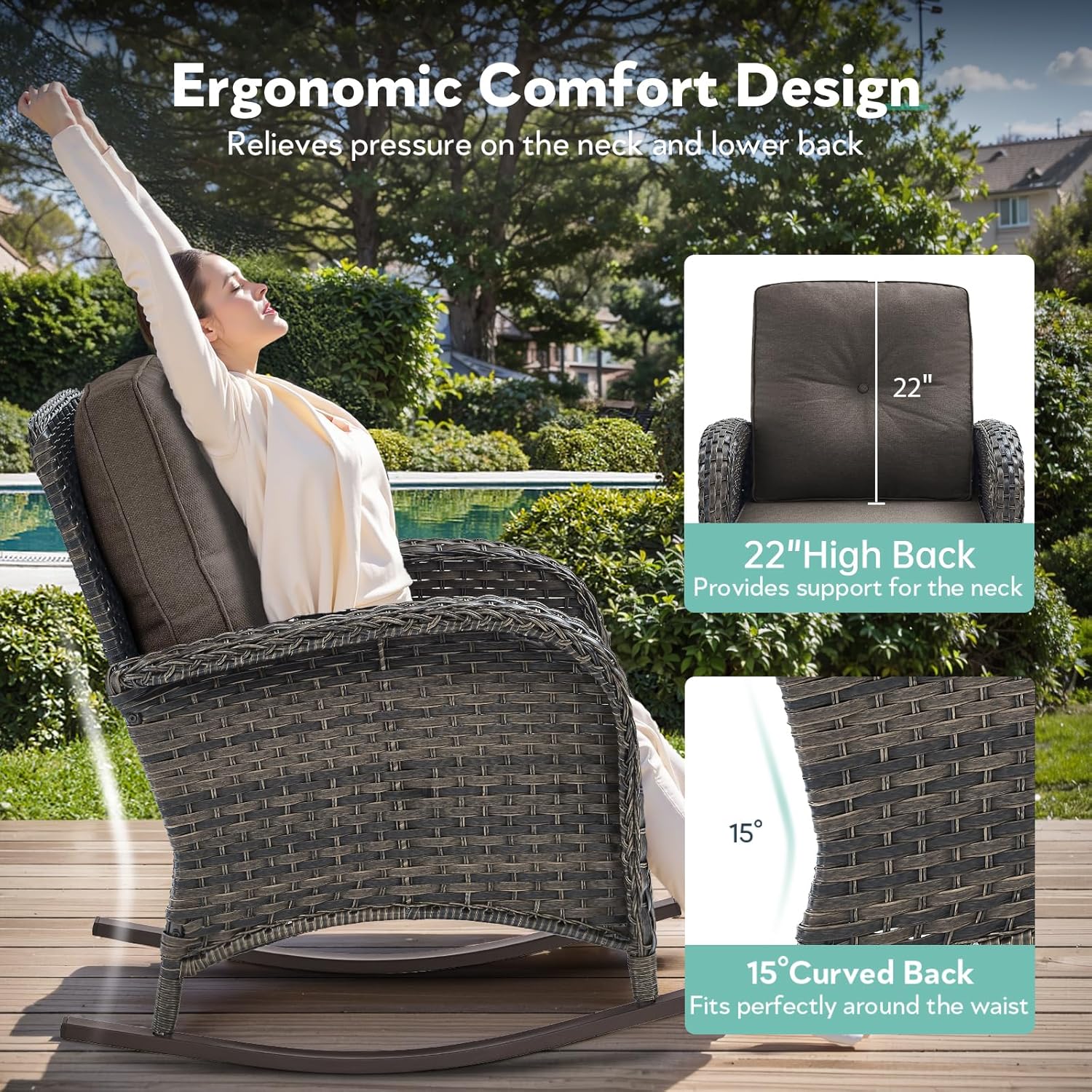 Patio Rocking Chair - 3 Peices Outdoor Wicker Rocker Porch Chair Set with Tempered Glass Side Table, 300 Lb Weight Capacity Rattan Seating for Balcony Garden Brown/Grey