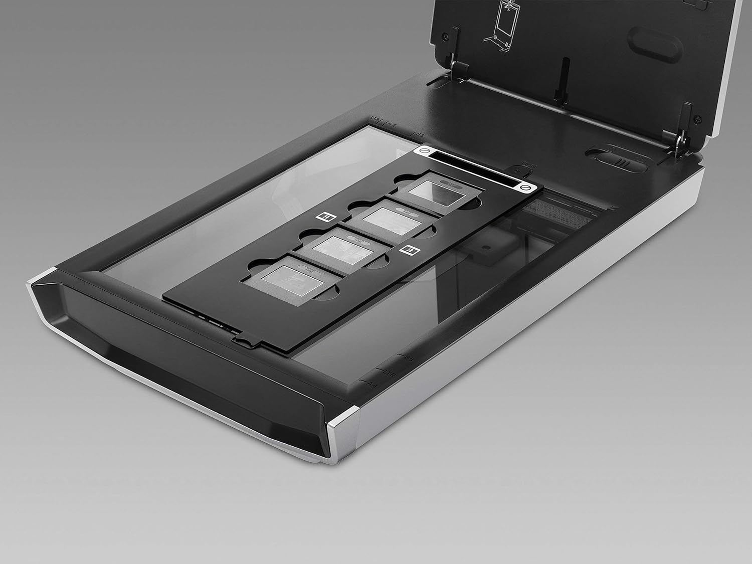 Canon CanoScan 8800F scanner with lid open, showing film holder