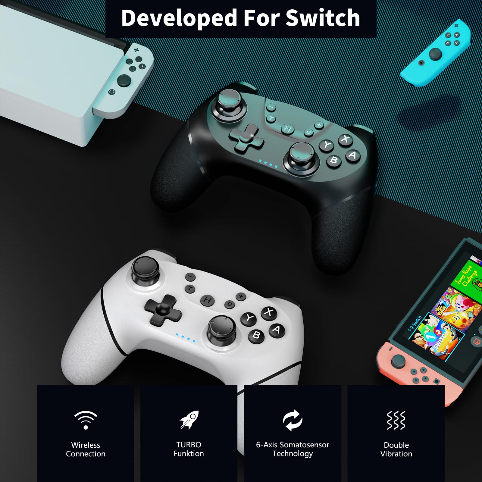 AceGamer 2pcs Controller Wireless per Switch/Switch 2/Lite/OLED, Controller per Switch Pro con funzione di risveglio con un solo pulsante con doppia vibrazione/turbo/screenshot (Nero e Bianco)