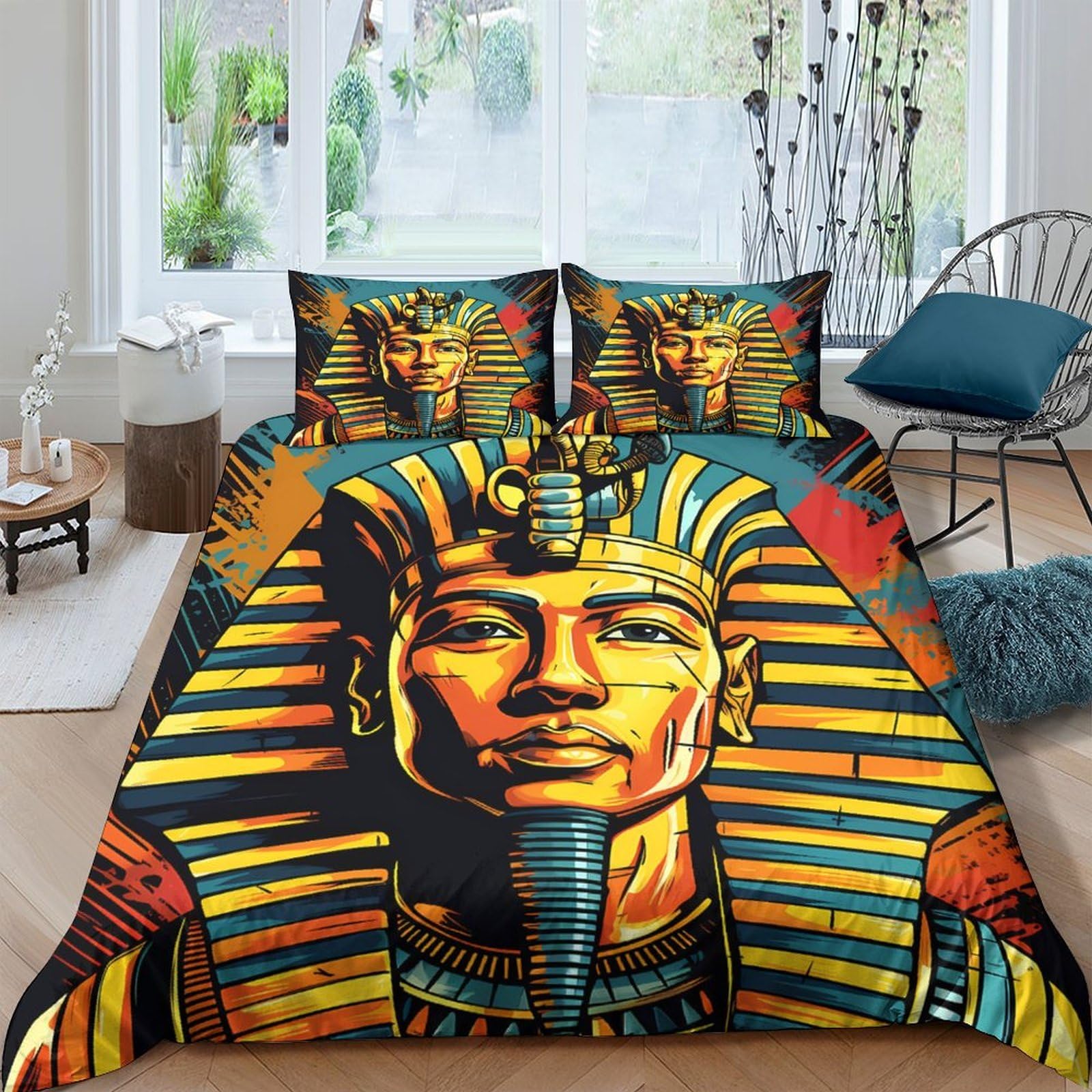 GPLZQXKJNH 3D Printed Egyptian Pharaoh Duvet Cover Set Microfiber Soft Breathable Ancient Gold Bedding Set with 2 Pillowcases for Bedroom Decor Single（135x200cm）