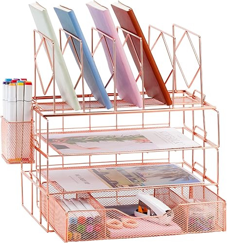 LSTRULST Organizador de escritorio de oro rosa, organizador de escritorio y accesorios con 5 soportes para carpetas de archivos, bonitos suministros