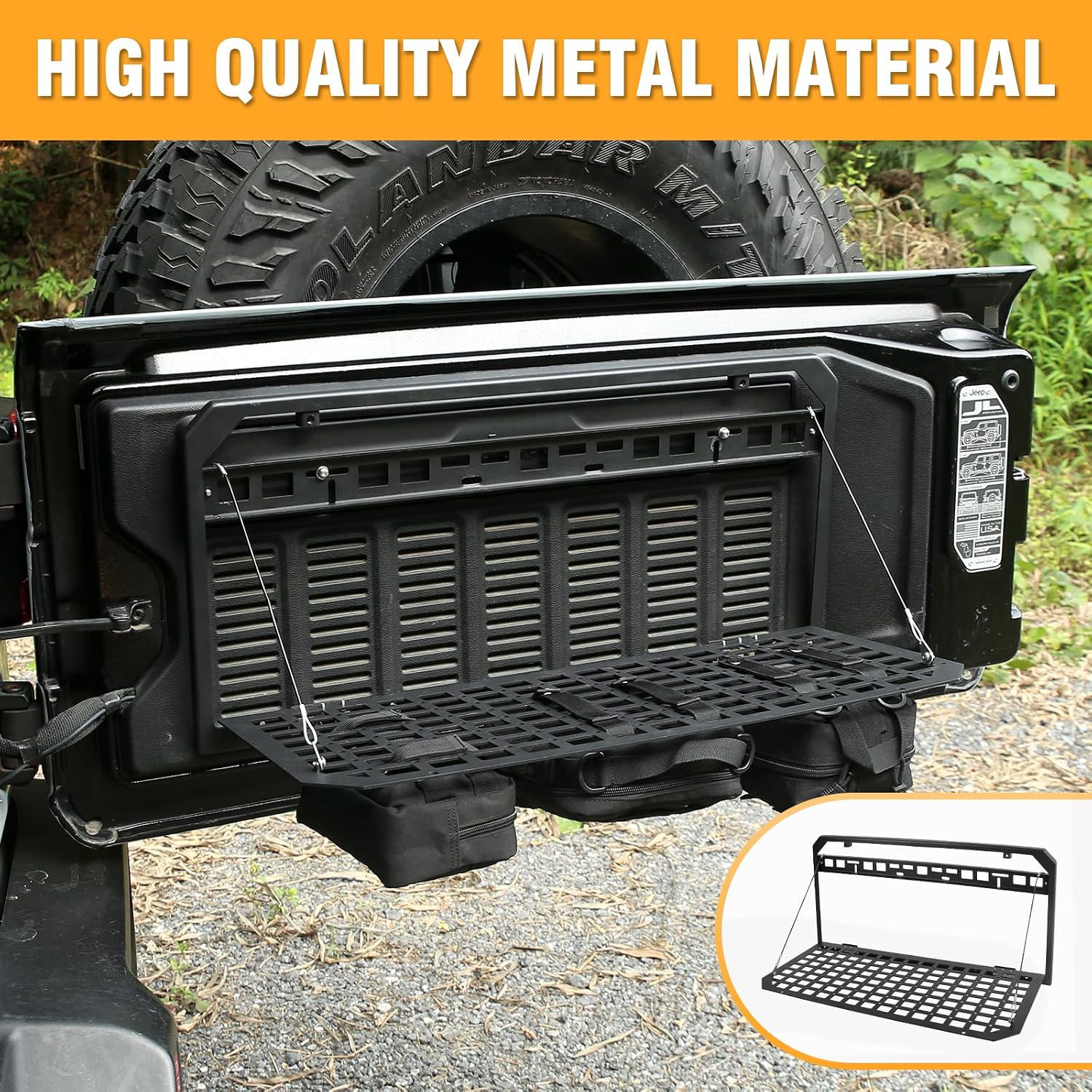 Tailgate Table Storage Rack Compatible with Jeep Wrangler 2007-2018 JK JKU & 2018-2024 JL JLU 4 Doors, Foldable Rear Cargo Shelf MOLLE Panel Camping Desk Organizer(Not fit with Low Speaker JK Models)