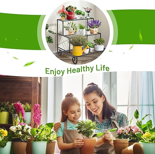 Miniatura 7 de S AFSTAR Soporte de metal para plantas de 3 niveles, soporte para plantas de jardín con 4 pies decorativos, estante de exhibición para macetas,