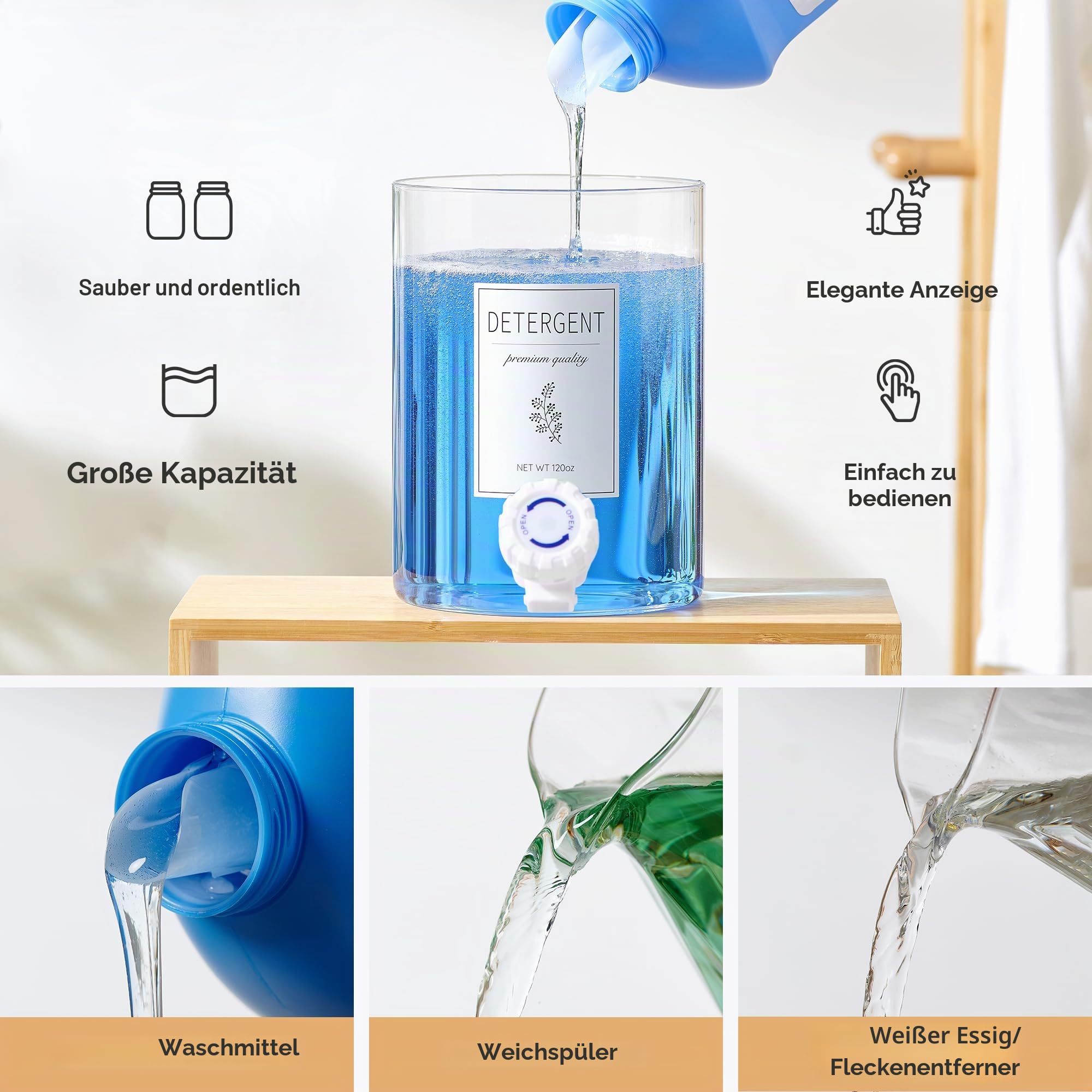 Glas-Waschmittelspender 3,5L (120oz) mit Abstellfläche & Bambusdeckel, für Flüssigwaschmittel & Weichspüler, Waschküchen Organizer inkl. 2 Bechern + 8 Etiketten