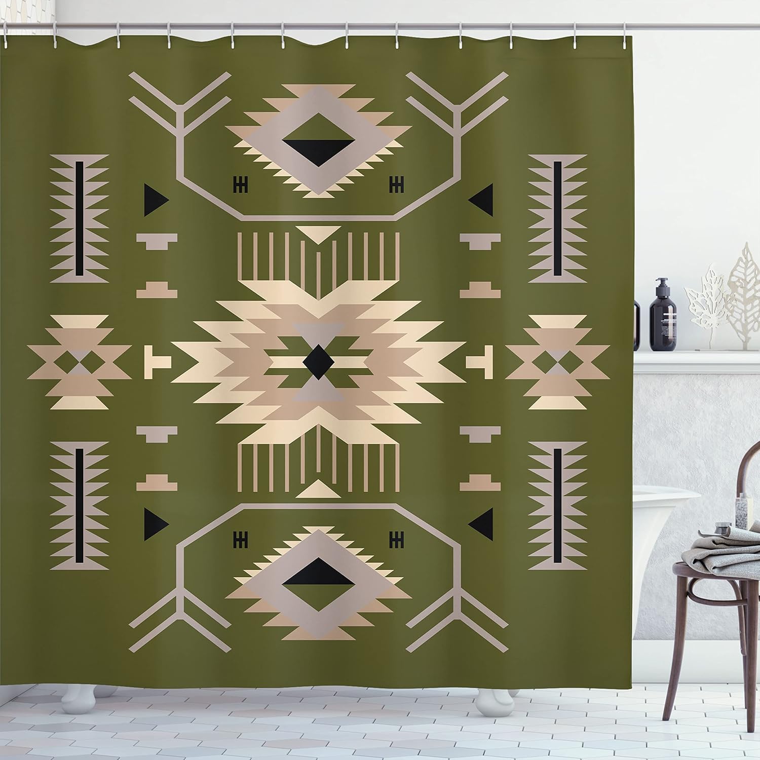 Ambesonne Southwestern Shower Curtain, Ethnic Illustration of a Zigzags Design Triangular Iconic Artwork Motifs, Cloth Fabric Bathroom Decor Set with Hooks, 69" W x 84" L, Pale Olive
