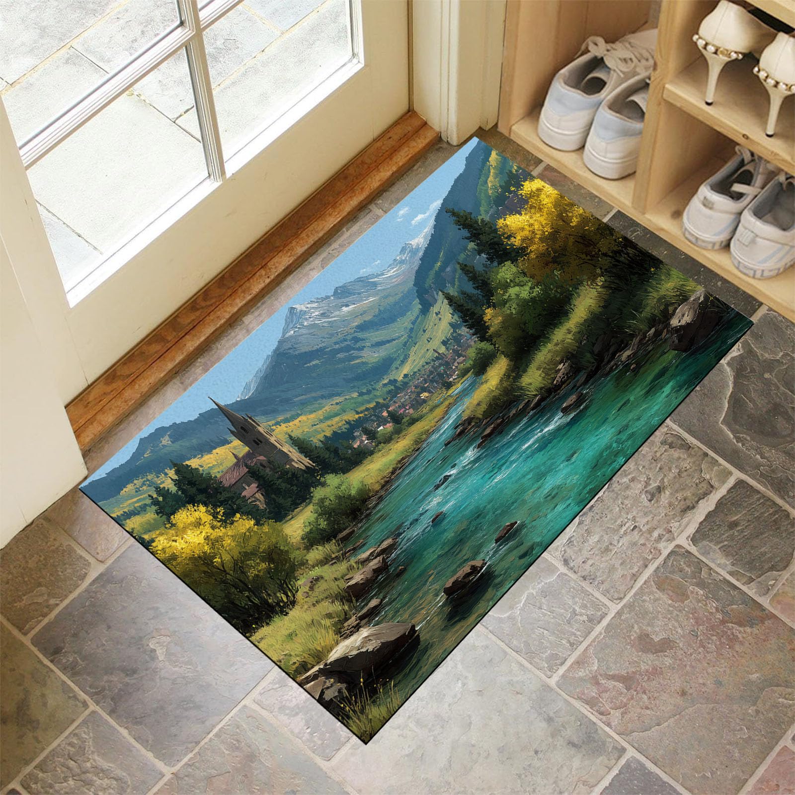 Tapis de sol antidérapant motif montagne pour une entrée propre après les balades de chien