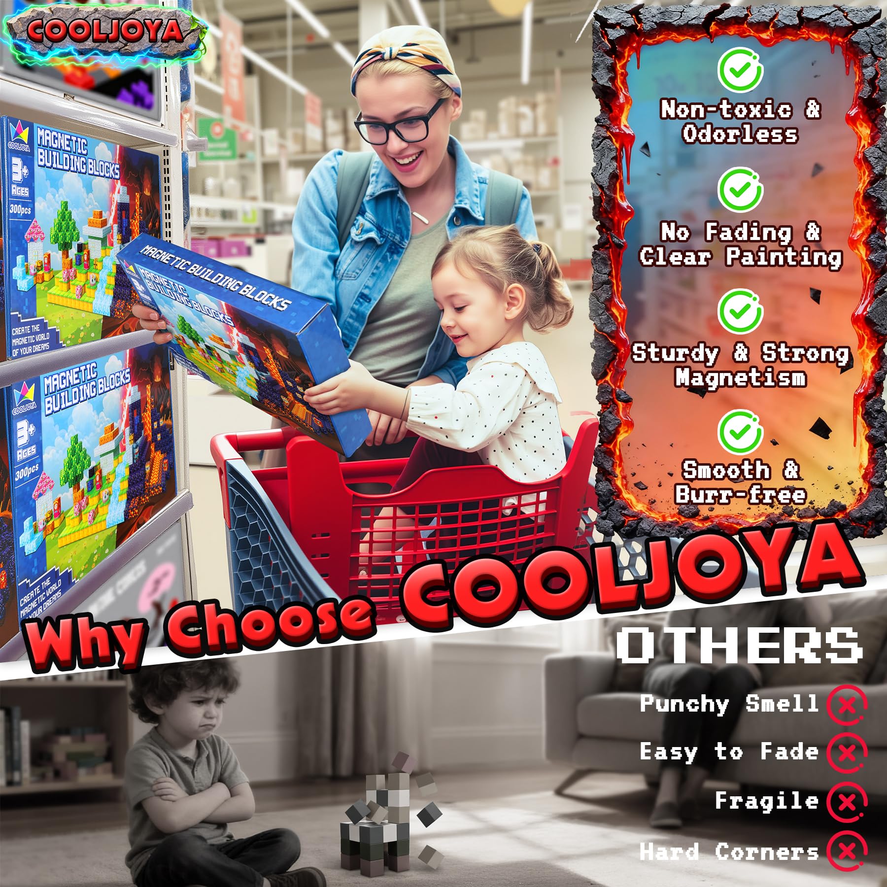 COOLJOYA Magnetische Bausteine, 300 Teile Magnetbausteine ab 4 Jahre, Ostern Geschenke Kinder, Magnetische Bauwelt Spielzeug Magnetblöcke für Kinder ab 3 4 5 6 7 8 9 Jahre Verstaubare Magnetic