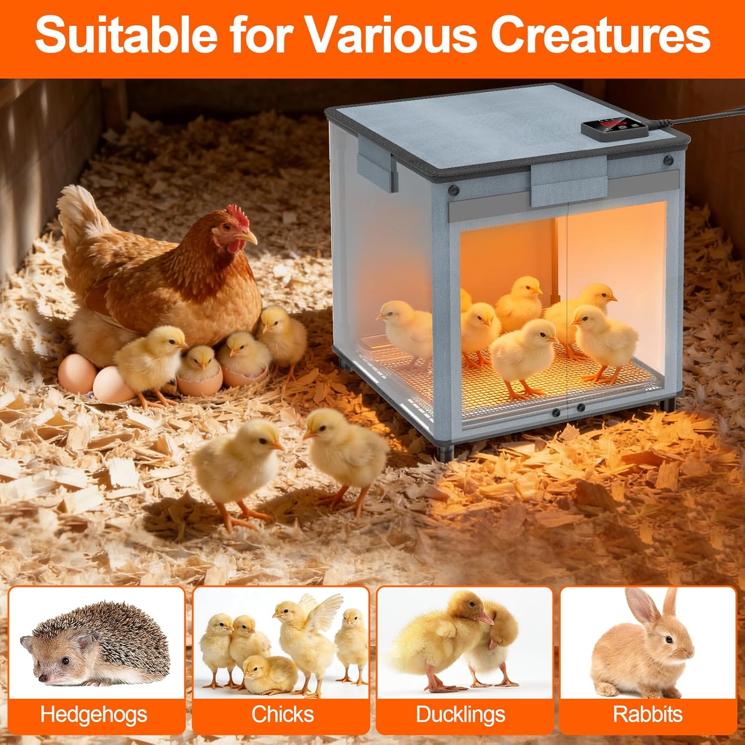 Chicken Brooder Box for Chicks, Revamped Chick Brooder Heater with Adjustable Temp (77~95℉) & 9H Timer,Brooding Incubators Box,200 W Poultry Heater,Breeding Box for Quail,Hamsters,Birds(12x12x12″)