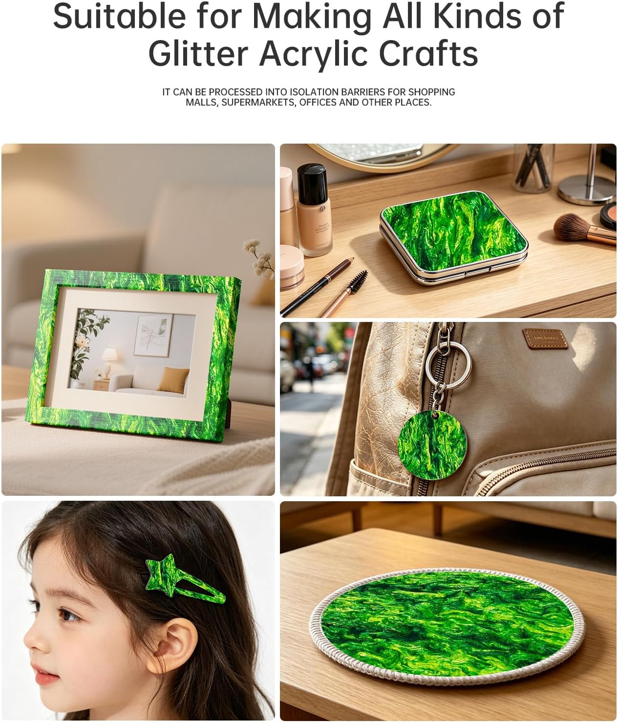 Acrylic Sheets Pearlescent Glitter Acrylic Sheet 1/8 Thickness Acrylic Sheets for Laser Cutting for Art Design (Water-Patterned Green, 12x12 Inch)