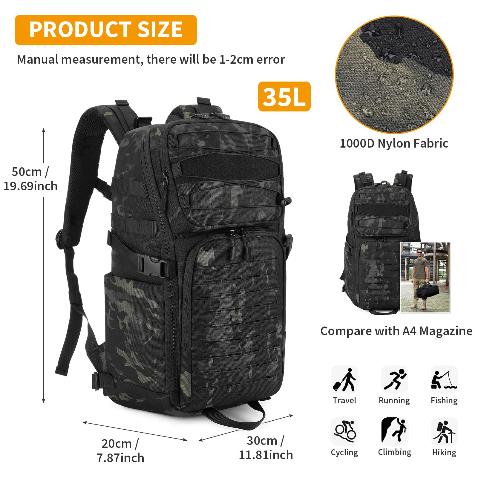 HUNTVP Wojskowy plecak taktyczny 35 l dla mężczyzn i kobiet, Molle plecak turystyczny z kieszenią na laptopa 43.9 cm i uchwytem na butelkę, wojskowa torba na owady, plecak na co dzień, na kemping