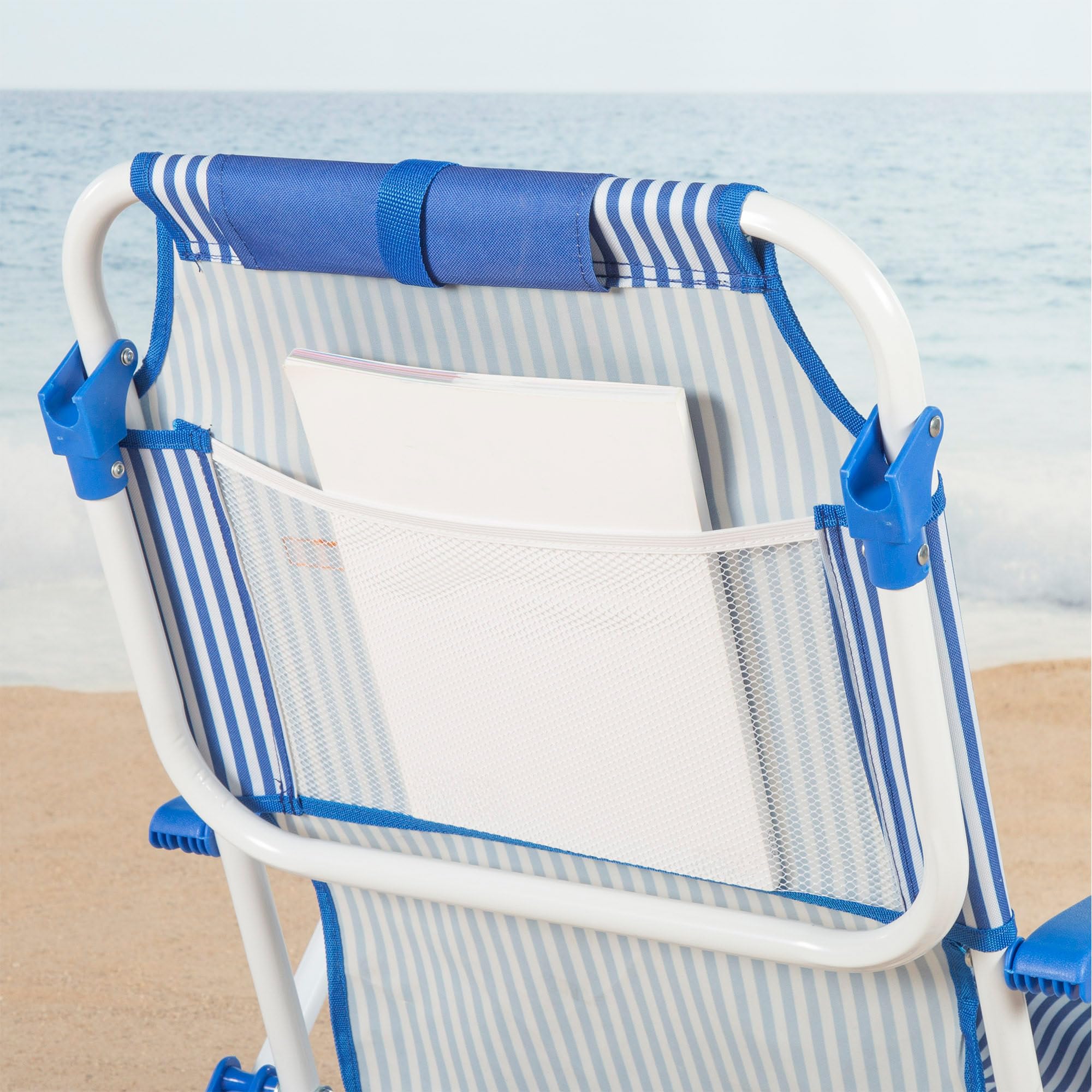 AKTIVE Silla de Playa Plegable, Azul Rayas, 48x58x76 cm, 4 Posiciones, Antivuelco, Aluminio y poliéster, Peso soportado 110 kg, Bolsillo Lateral y Trasero, Cojín, Transporte Mochila (62531)