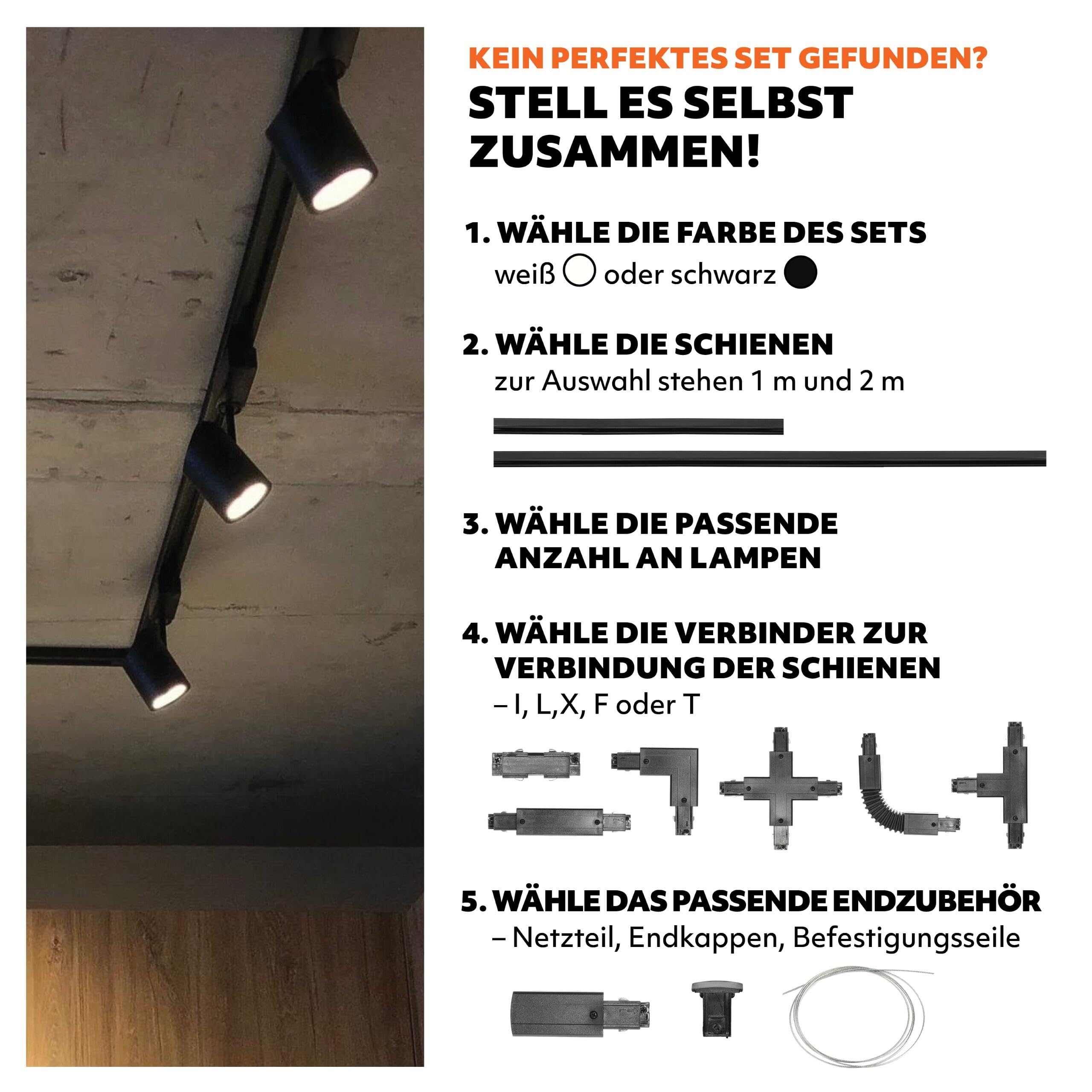 NEXTRACK 3-Phasen-Schienen-Set 2m+2m Schiene Schalter L 8x Lampe 2x Stecker SCHWARZ