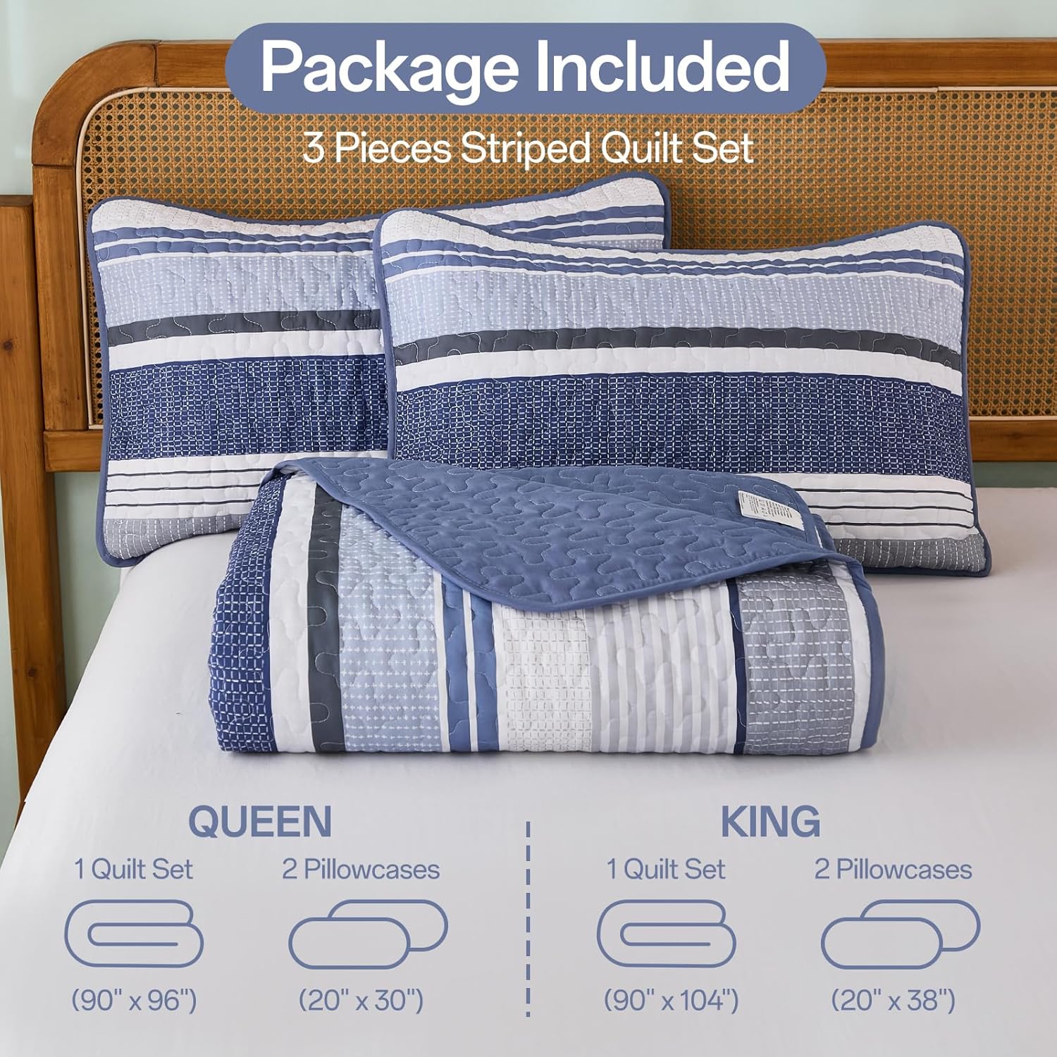 Dintszyayue King Size Quilts Navy, 3 Pieces Boho Striped Bedspread Bedding for King Size Bed, Soft Lightweight Microfiber Bohemian Coverlet Set for All Season Quilts with 2 Pillowcases - Image 7
