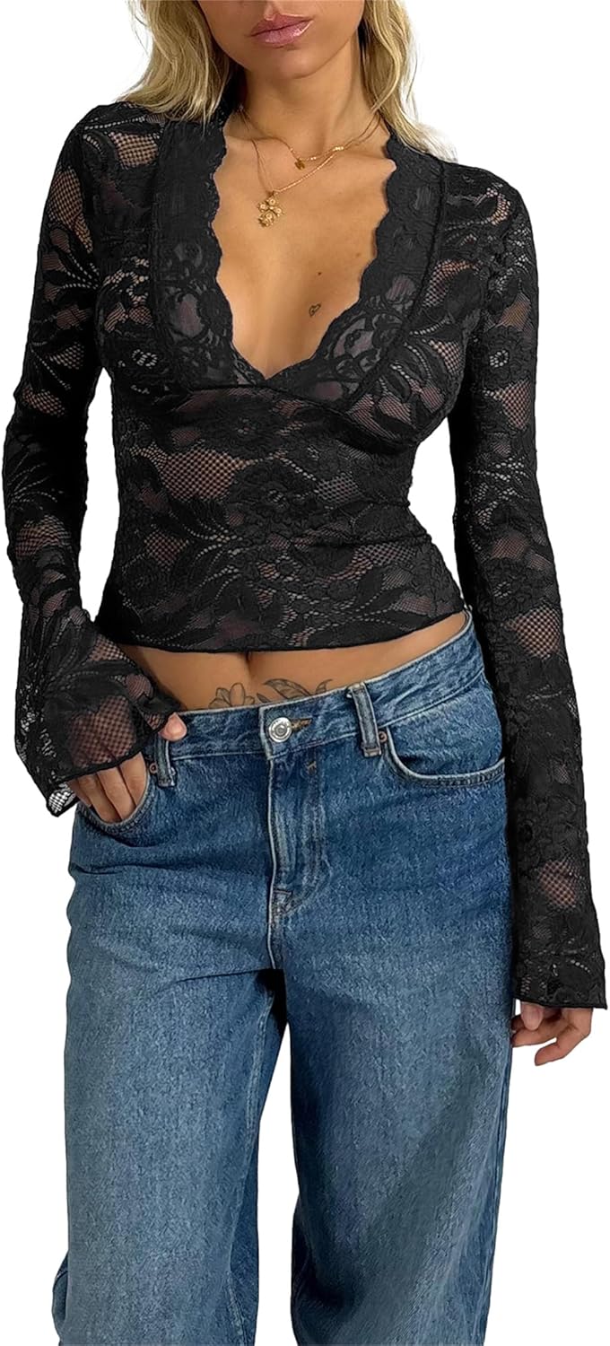 Lace Long Sleeve Tops for Women - Sexy Sheer Bell Sleeve Deep V Neck Slim Fit Y2K Crop Top Going Out Shirts 2026 - Image 2
