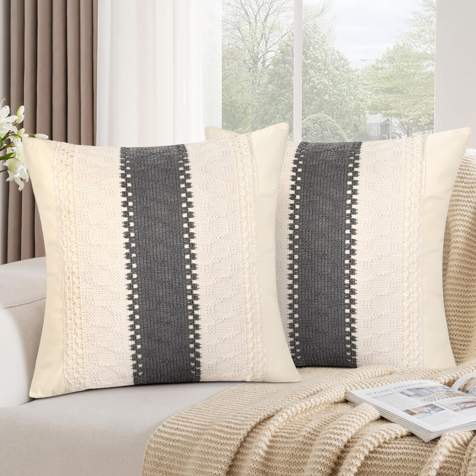 DakTou Sofa Cushion 40 x 40 cm, Grey Cotton, Set of 2 Cushion Covers in Beige with Grey Linen Mesh Pattern, Cushion Covers, Boho Decorative Cushion Cover, Cuddly for Home, Living Room, Bedroom, Sofa โ image 1