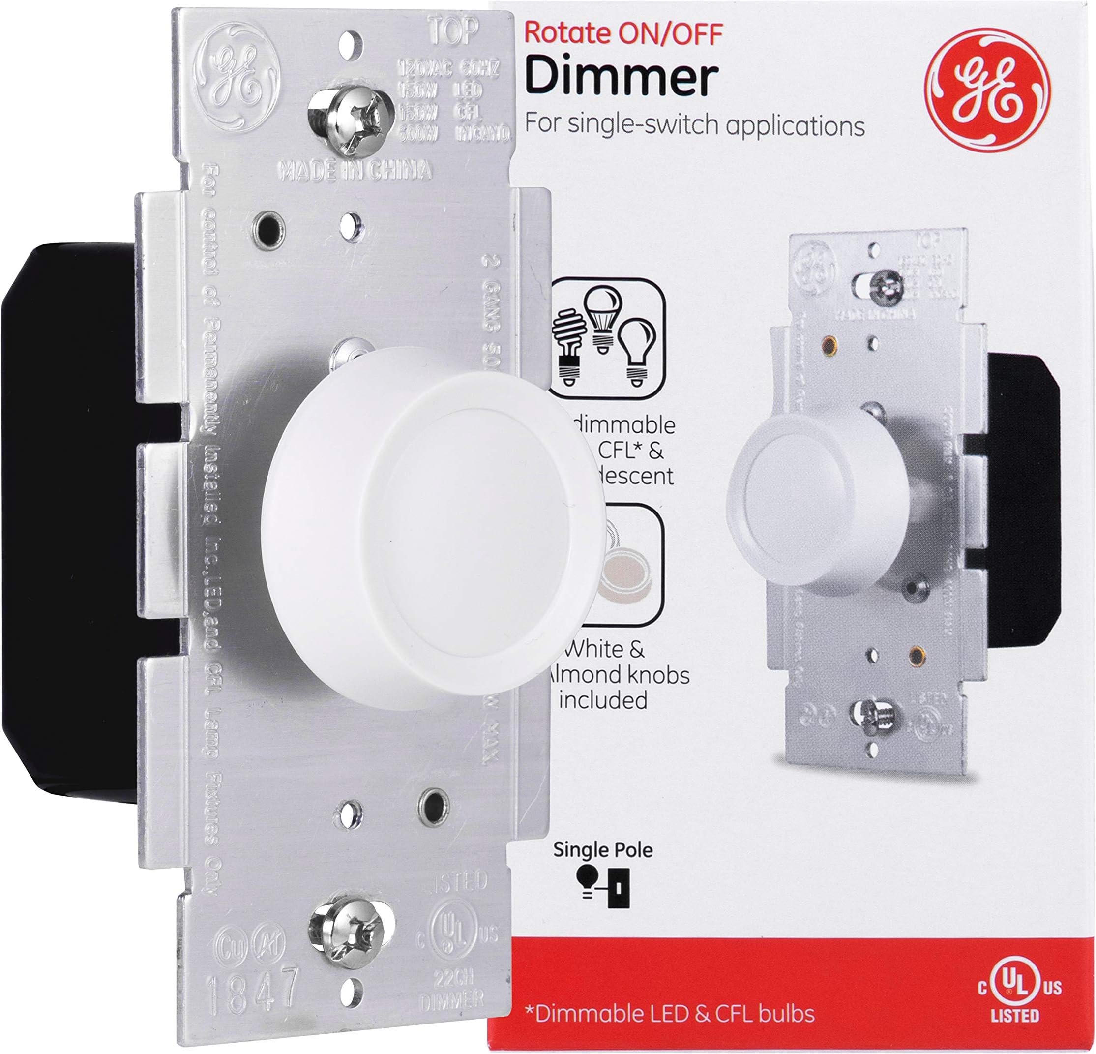 Dimmer, Single Pole, Rotate On/Off, 1 White/1 Lt Almond K