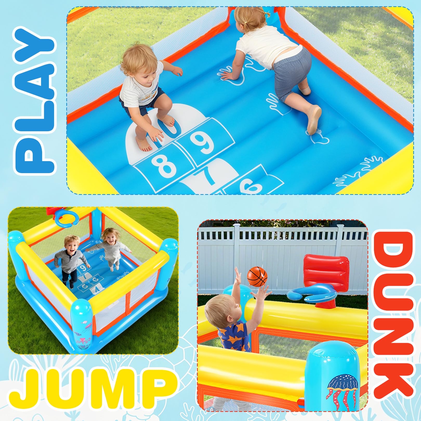 Gonfiabile castello gonfiabile per bambini dai 3 ai 6 anni, piccola casetta giocattolo in PVC con cuscino gonfiabile, canestro da basket e gioco di rimbalzo, pompa ad aria inclusa