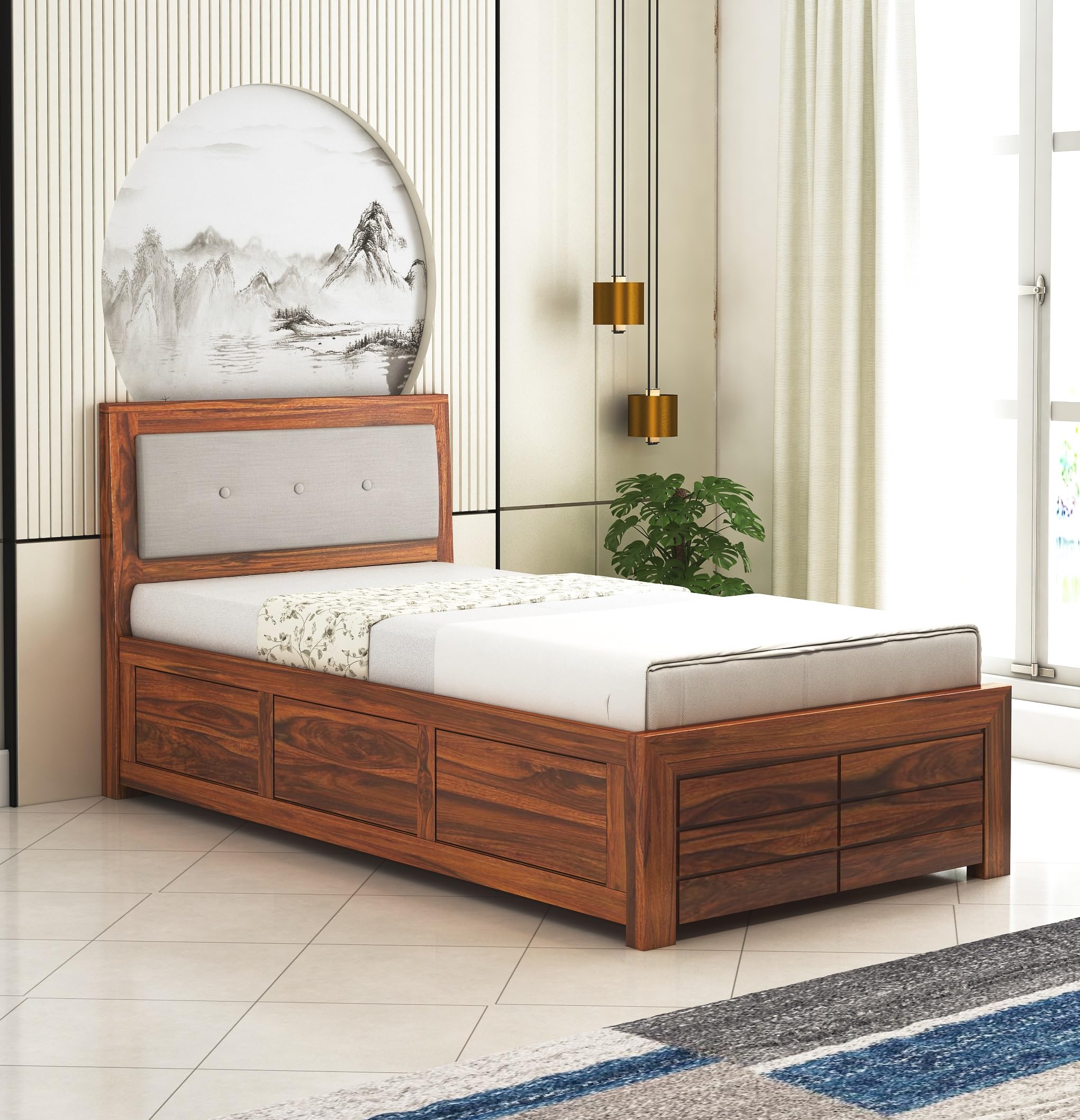 Ganpati Arts Sheesham Wood Euro Single Size Bed with Box Storage for Bedroom Wooden Single Bed Palang for Home 1 Year Warranty (Natural Finish)
