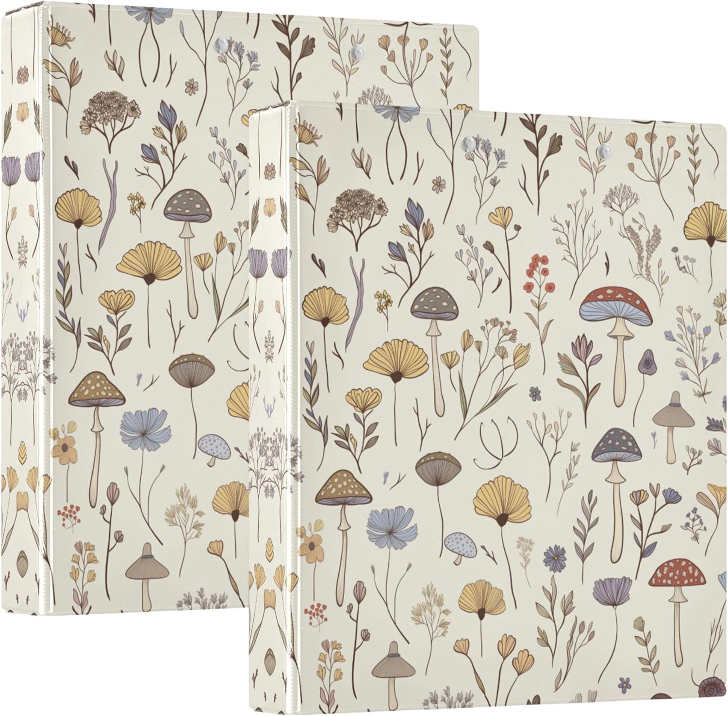 Wildflowers Mushrooms 3 Ring Binders, 1.5” Round Ring Binders with Clipboard - Letter Size, 3 Interior PVC Clear Pockets & Anti-Slip Clip for Office School Supplies, 2PCS