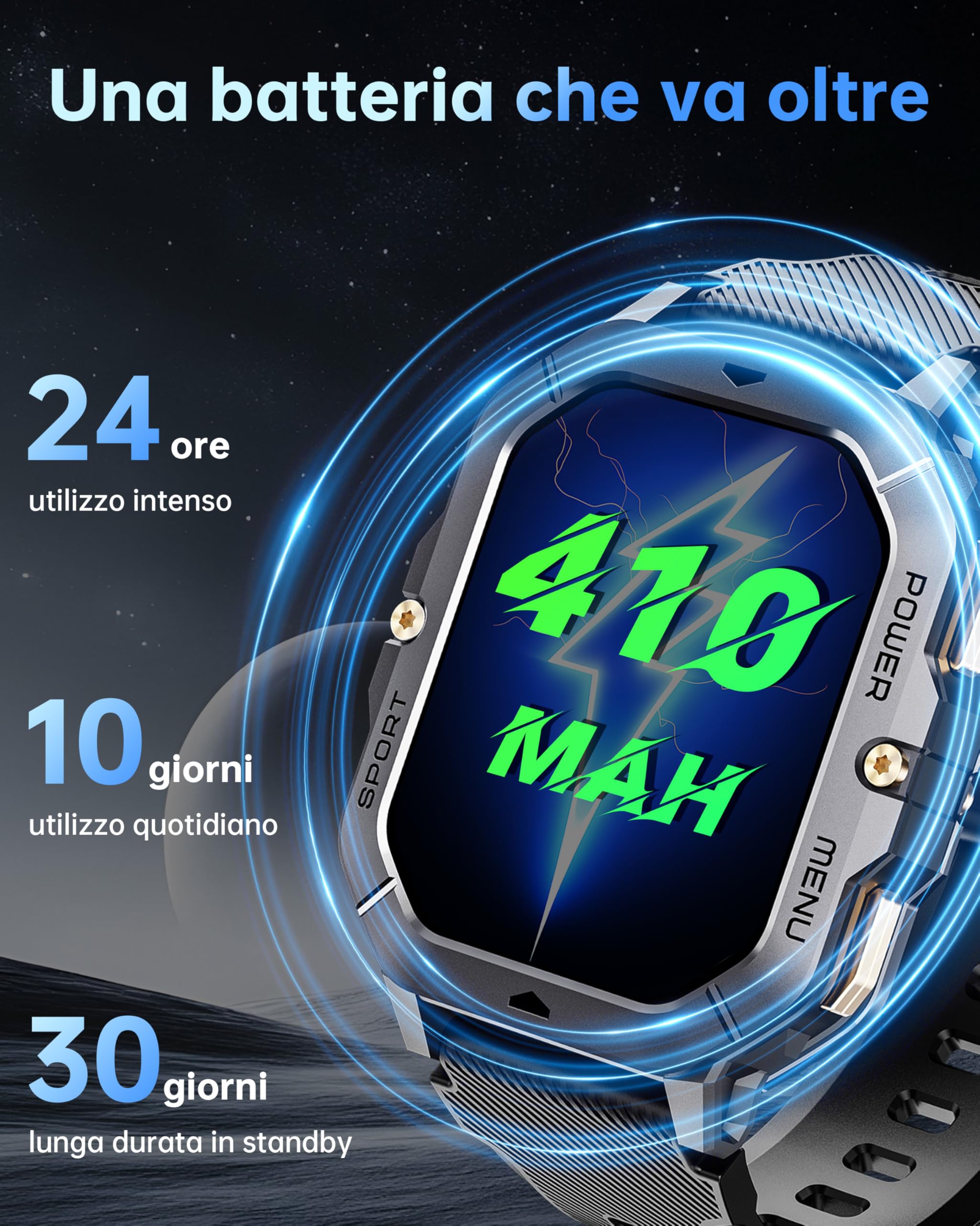 OUKITEL Smartwatch Uomo 2,02 Pollici Orologio Militare Fitness con Chiamate Bluetooth,Rugged Smart Watch Impermeabile 410mAh Sonno 100+ Modalità Sportive Contapassi per Android iOS