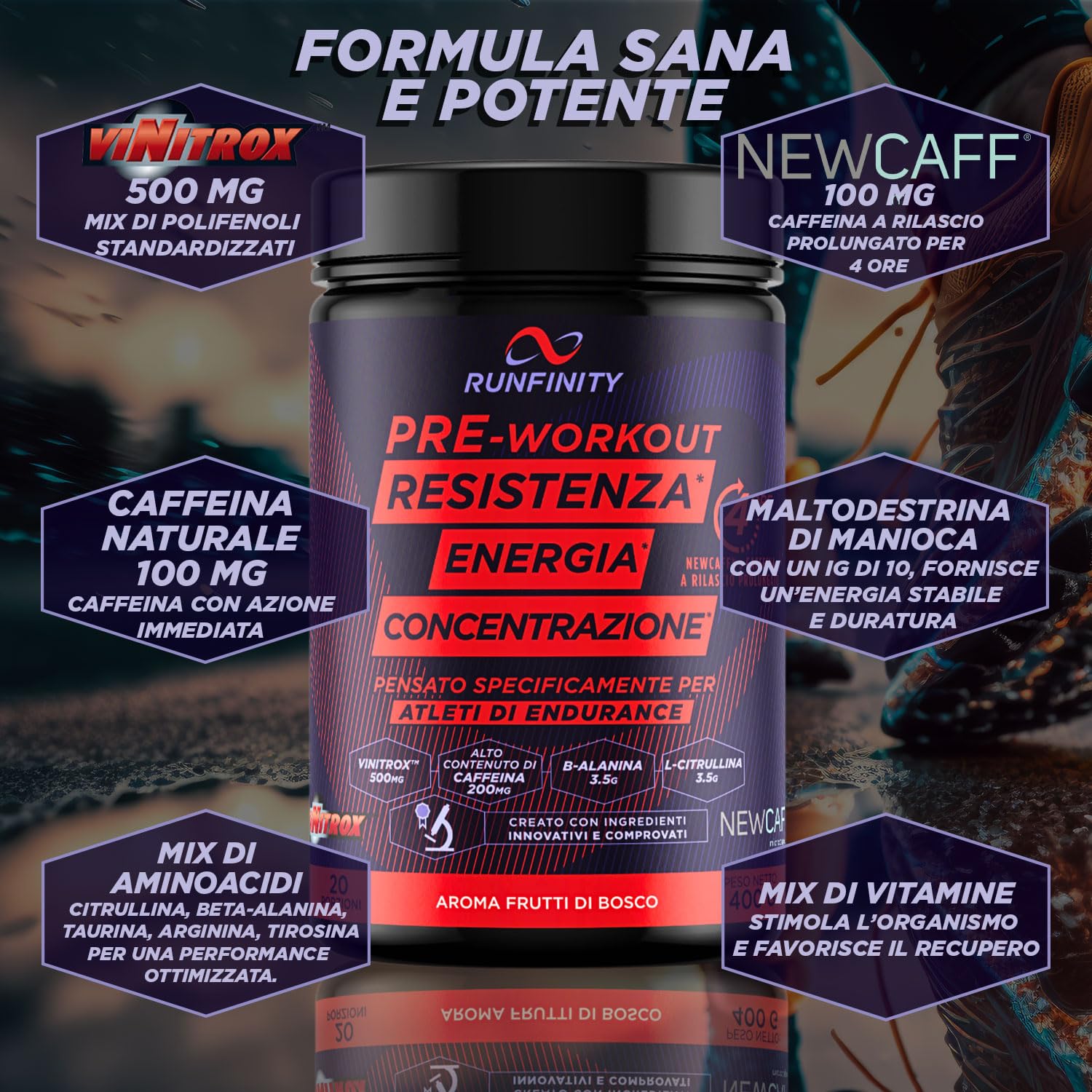 Pre Workout Runfinity – Booster di Energia a Lunga Durata: 4 Ore di Efficacia – Prestazioni Massime – Resistenza, Potenza & Concentrazione – Formula Premium con Ingredienti Brevettati