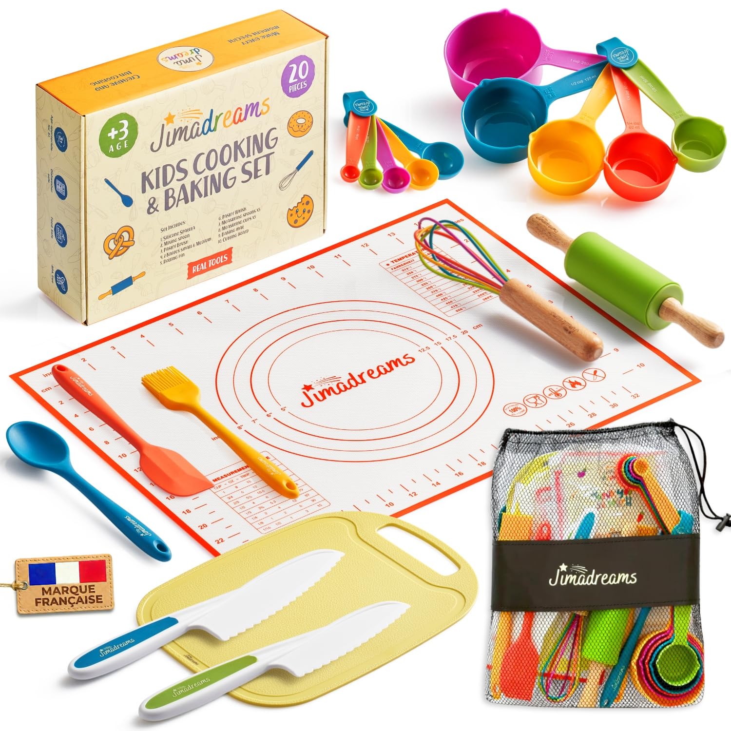 20-Teiliges Kinder Backset mit Kindermesser Set - Echte Montessori Küchenutensilien und Sicheres Schneideset mit Messer, Komplettes Kochset BPA-frei, Kochen und Backen ab 3 Jahre
