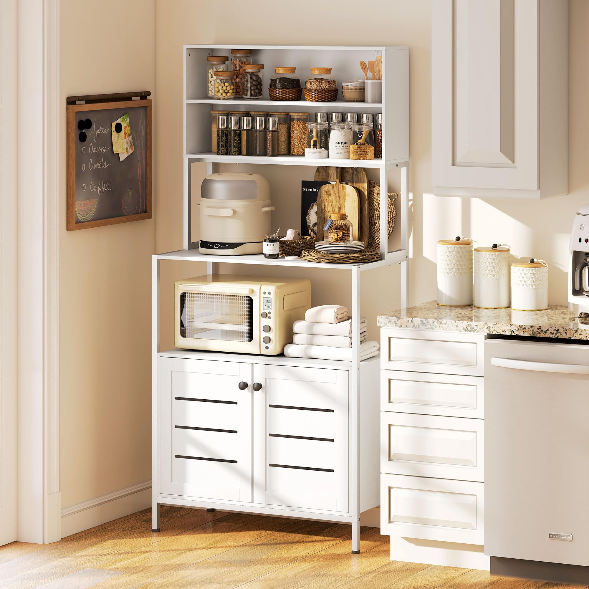 HOMCOM Scaffale Cucina con Ripiani, 2 Prese di Ricarica USB e AC, Scaffale per Microonde con Armadietti con Porte a Persiana, Mobile Cucina Salvaspazio in Legno e Acciaio, 80x42x171 cm, Bianco
