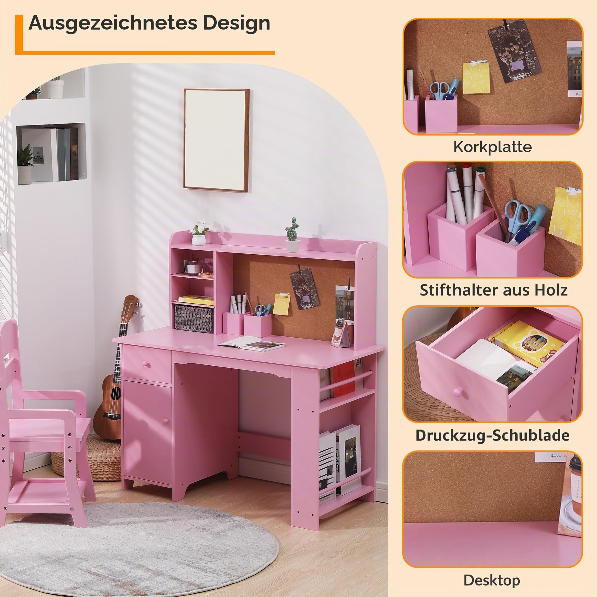 Garvee Kinderschreibtisch, Schreibtisch- und Stuhlset für Jungen und Mädchen, Holzschreibtisch mit Bücherregal, Pinnwand, Schrank und Schublade für Kinder von 3-8 Jahren, Rosa
