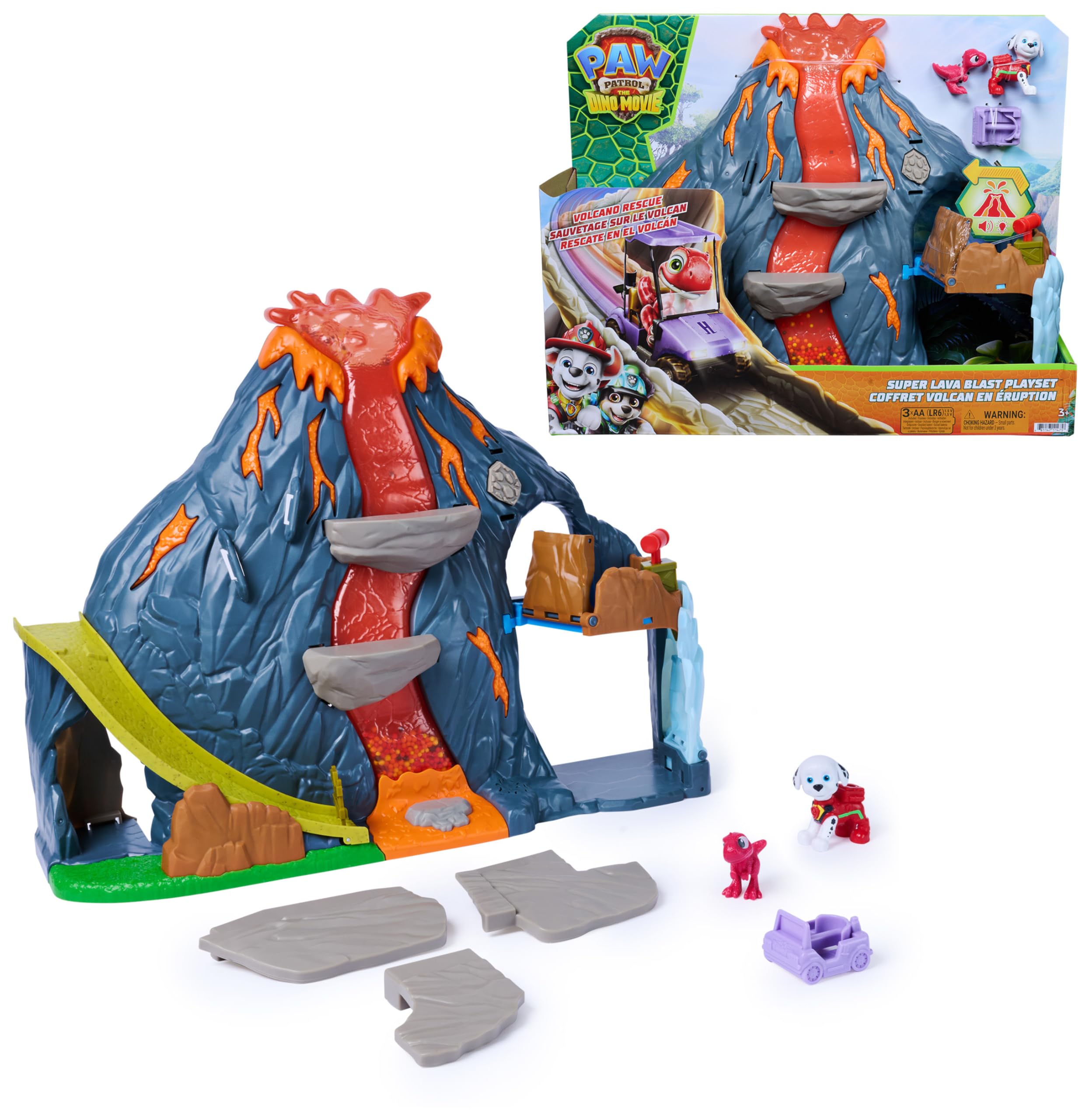 PAW PATROL: Der Dino Film Super-Lava-Blast Vulkan-Spielset, ab 3 Jahren | 360° bespielbar | Marshall- & Rhabarber-Figur | Licht & Sound | Multisensorisches Spiel | Vulkan-Ausbruch-Simulation