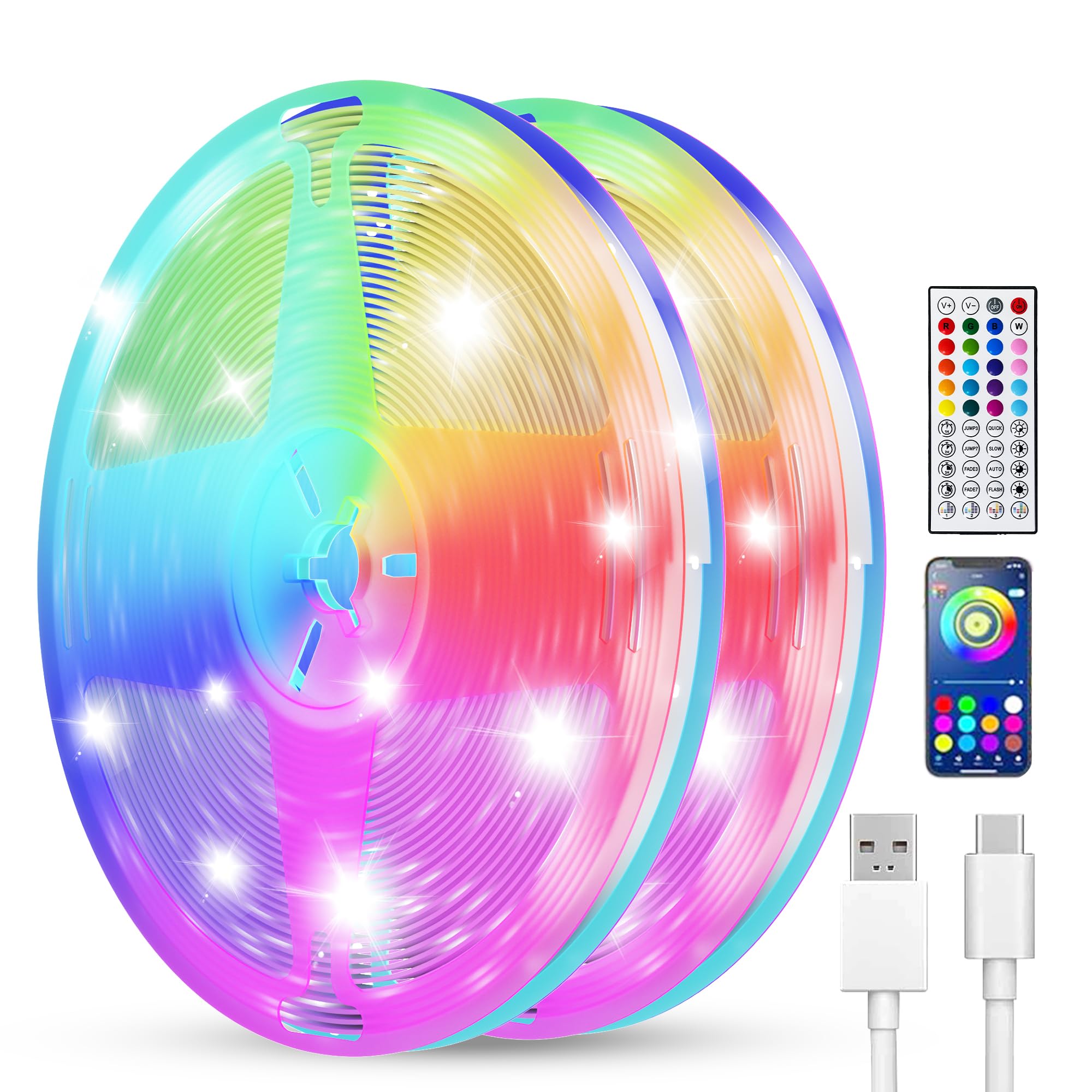 Tira de luces LED inteligentes de 200 pies (2 rollos de 100 pies) para recámara, control de aplicación, iluminación, recámara, decoración de roma, con control remoto, sincronización de música RGB que