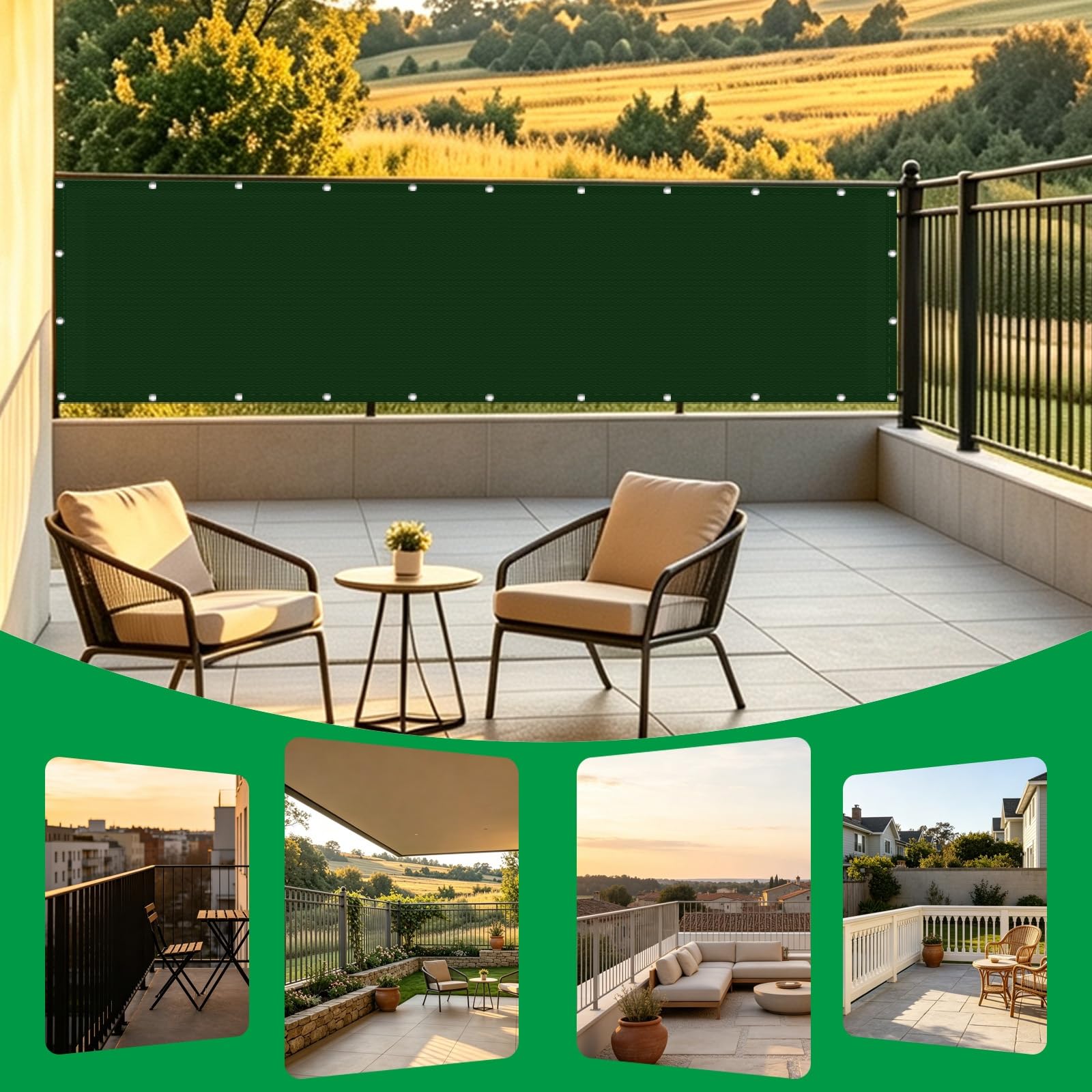 Frangivisto Balcone 70 x 700 cm Protezione Privacy, Protezione Uv, Antivento e Impermeabile, Solare Cache Vue Balcon con Fascetta per Ringhiera, Verde Scuro