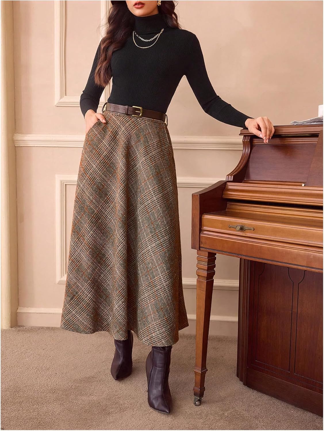 SweatyRocks Women's Vintage Plaid Maxi Skirts High Waist Belted A Line Office Work Skirt with Pockets - Image 6
