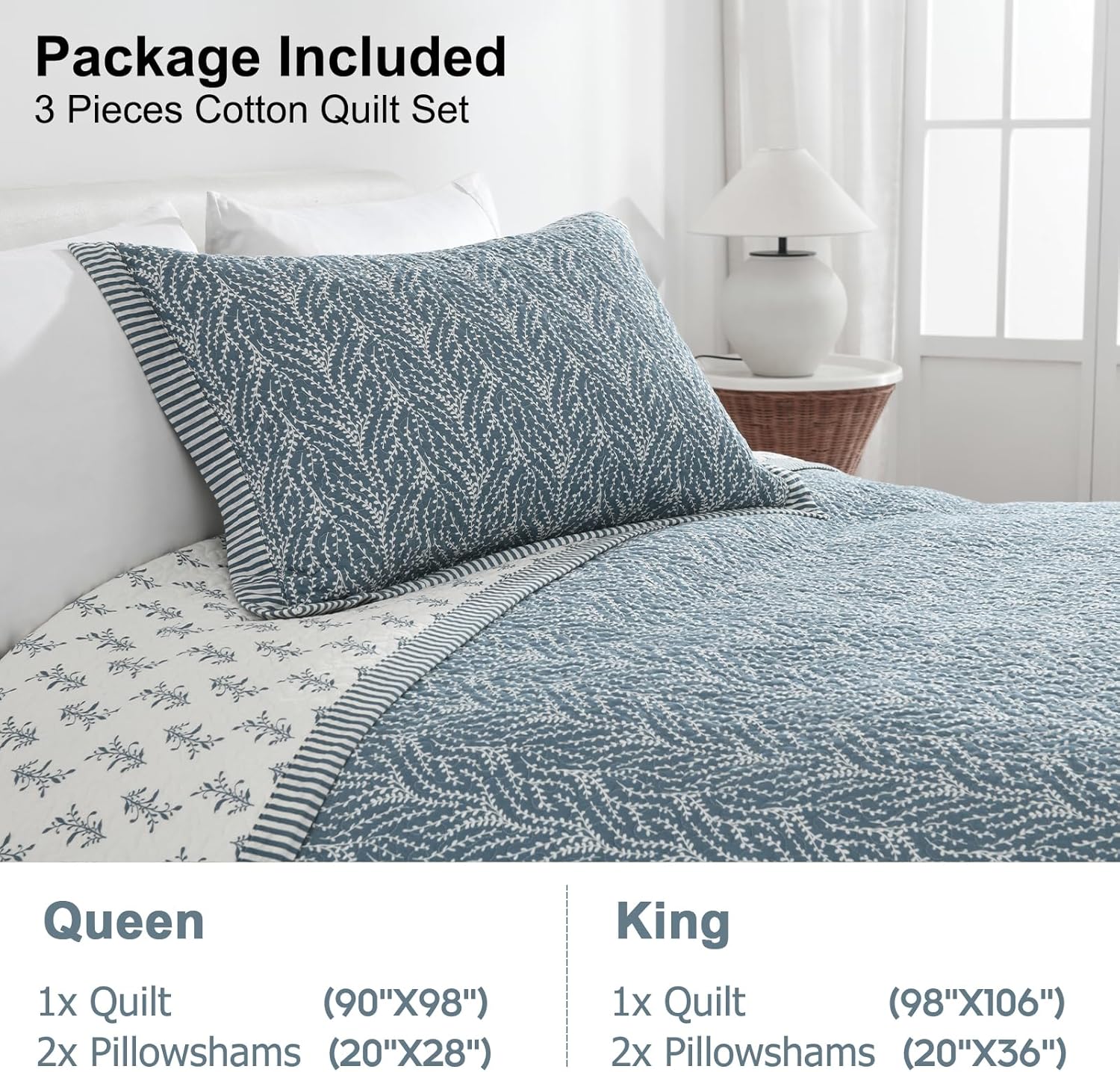 Quilts Queen Size - 100% Cotton Quilt Set with Matching Shams, Botanical Floral Design Farmhouse Bedspread, 3 Pieces Lightweight Coverlet Set with Solid Reverse, Grayish Blue, 90"x98"