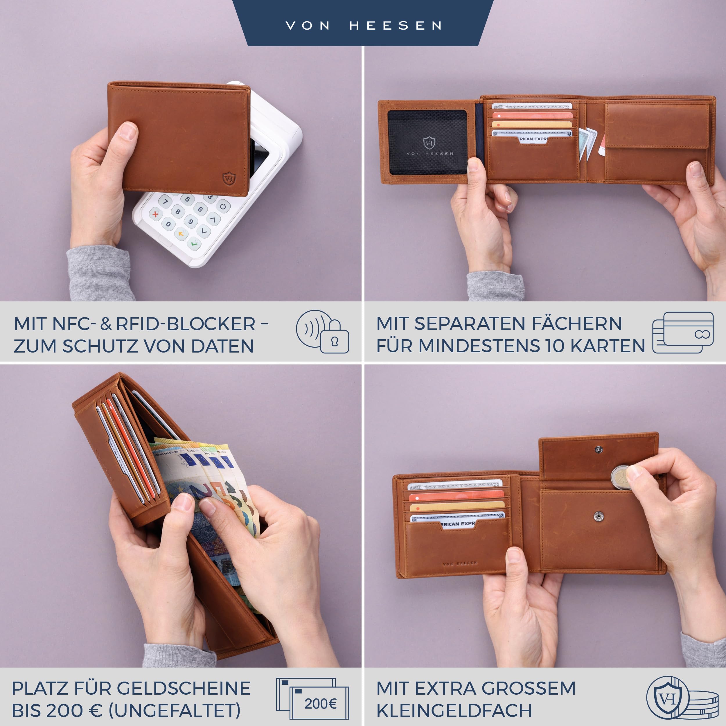 VON HEESEN Portefeuille en cuir avec protection RFID | Porte-monnaie en cuir véritable pour femmes et hommes | Portefeuille en cuir Portemonnaie, Querformat