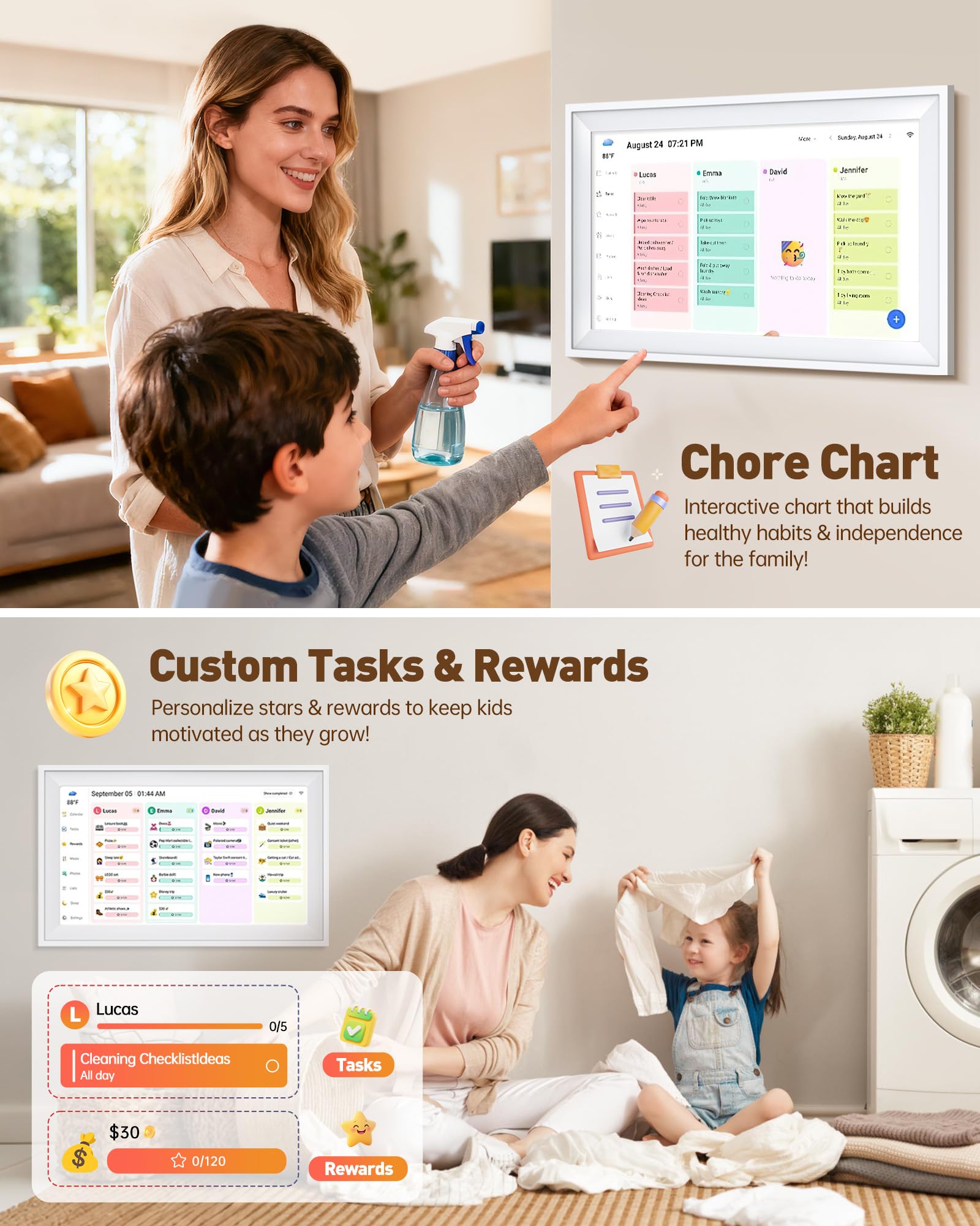 15,6 Zoll Smart Digital Kalender, Elektronischer Sternenlicht-Kalender Wand-Touchscreen, Wand/Schreibtisch montierbar, Zwei-Wege-Synchronisation mit Online-Kalendern, Familienplaner, Hausarbeit